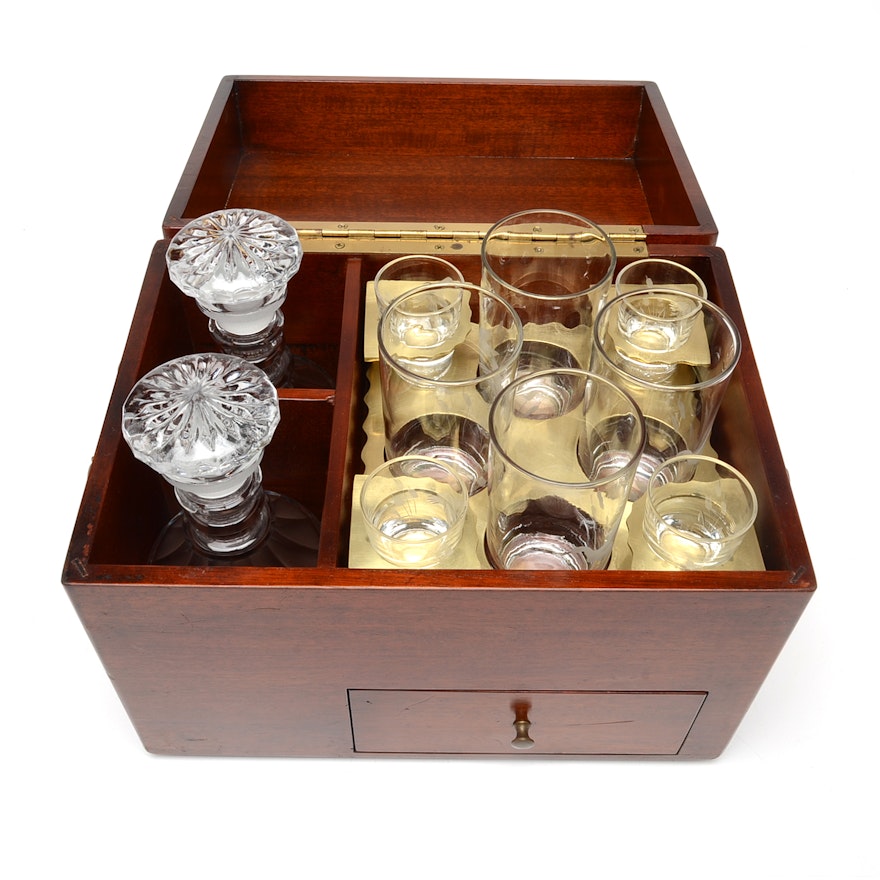 Mahogany Liquor Chest with Decanters and Barware by Federal Glass