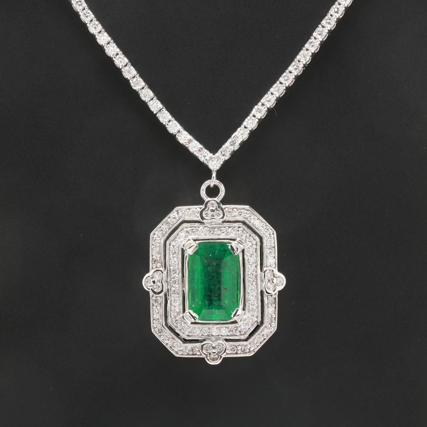 14K and 18K White Gold 4.00 CT Emerald and 3.77 CTW Diamond Pendant Necklace