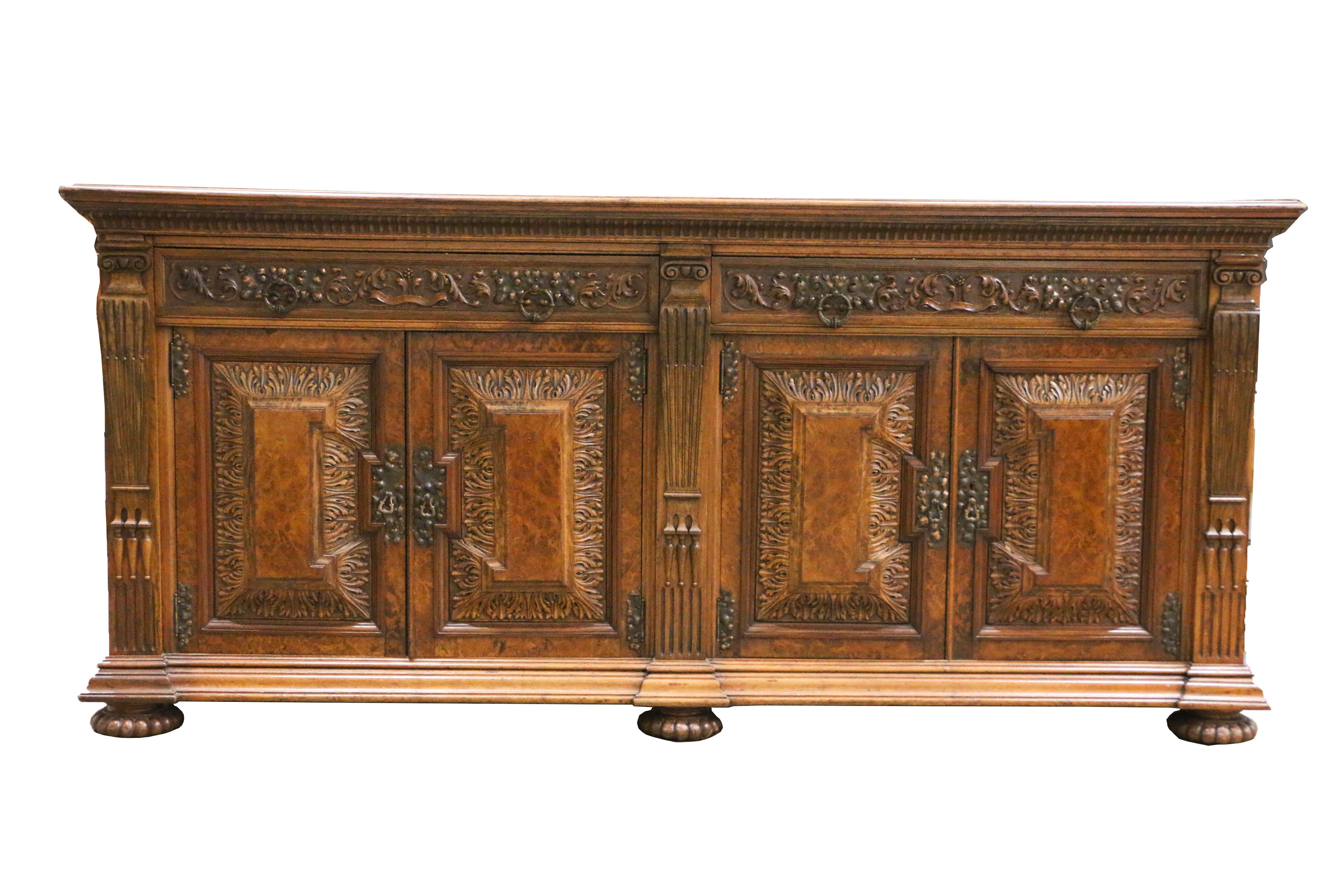Antique Late Victorian Carved Oak and Circassian Walnut Sideboard by Maple & Co.