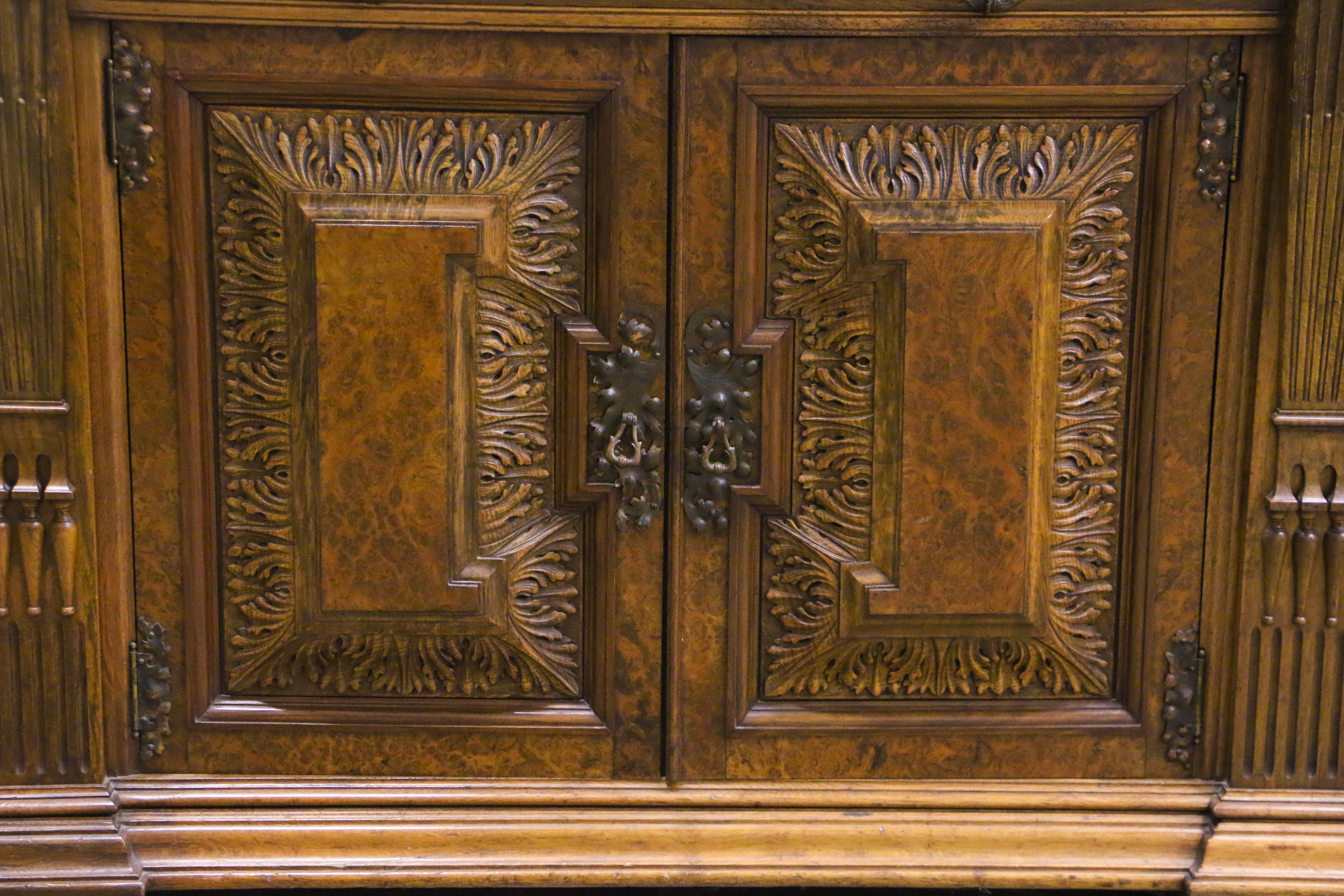 Antique Late Victorian Carved Oak and Circassian Walnut Sideboard by Maple & Co.
