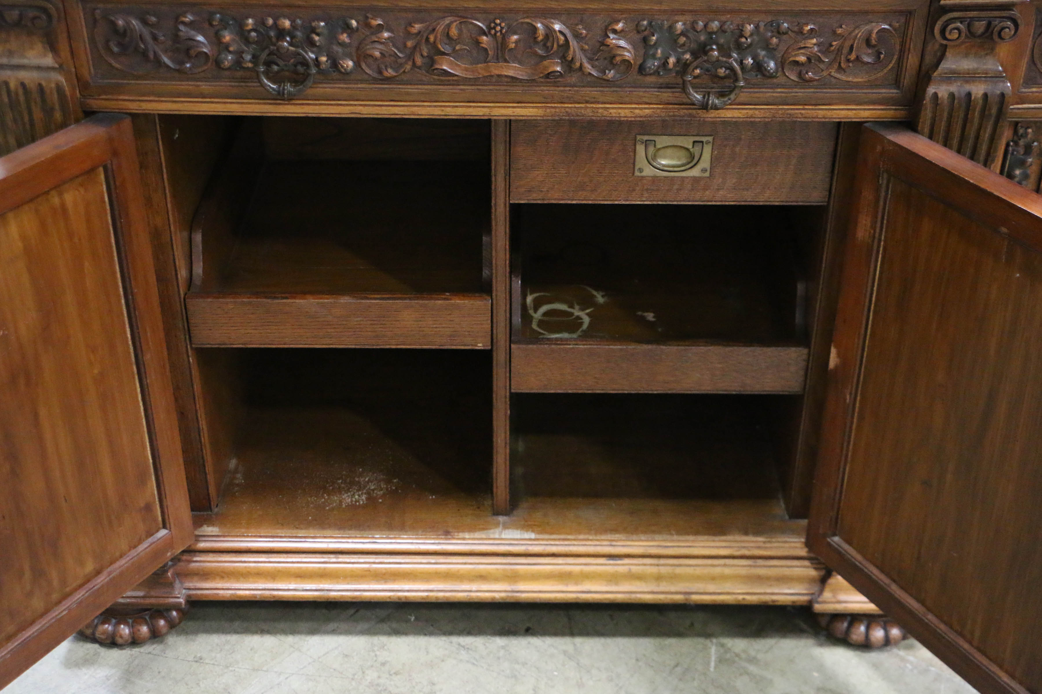 Antique Late Victorian Carved Oak and Circassian Walnut Sideboard by Maple & Co.