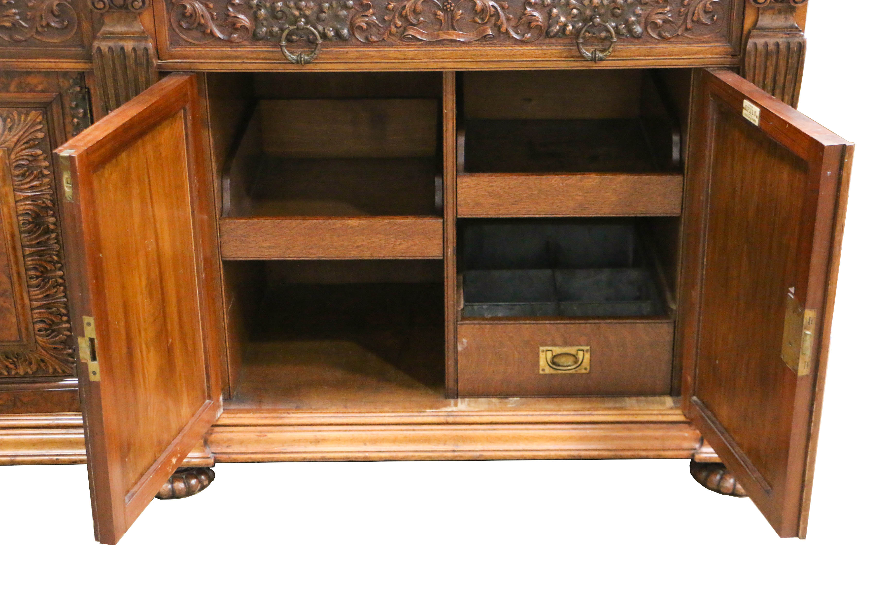 Antique Late Victorian Carved Oak and Circassian Walnut Sideboard by Maple & Co.