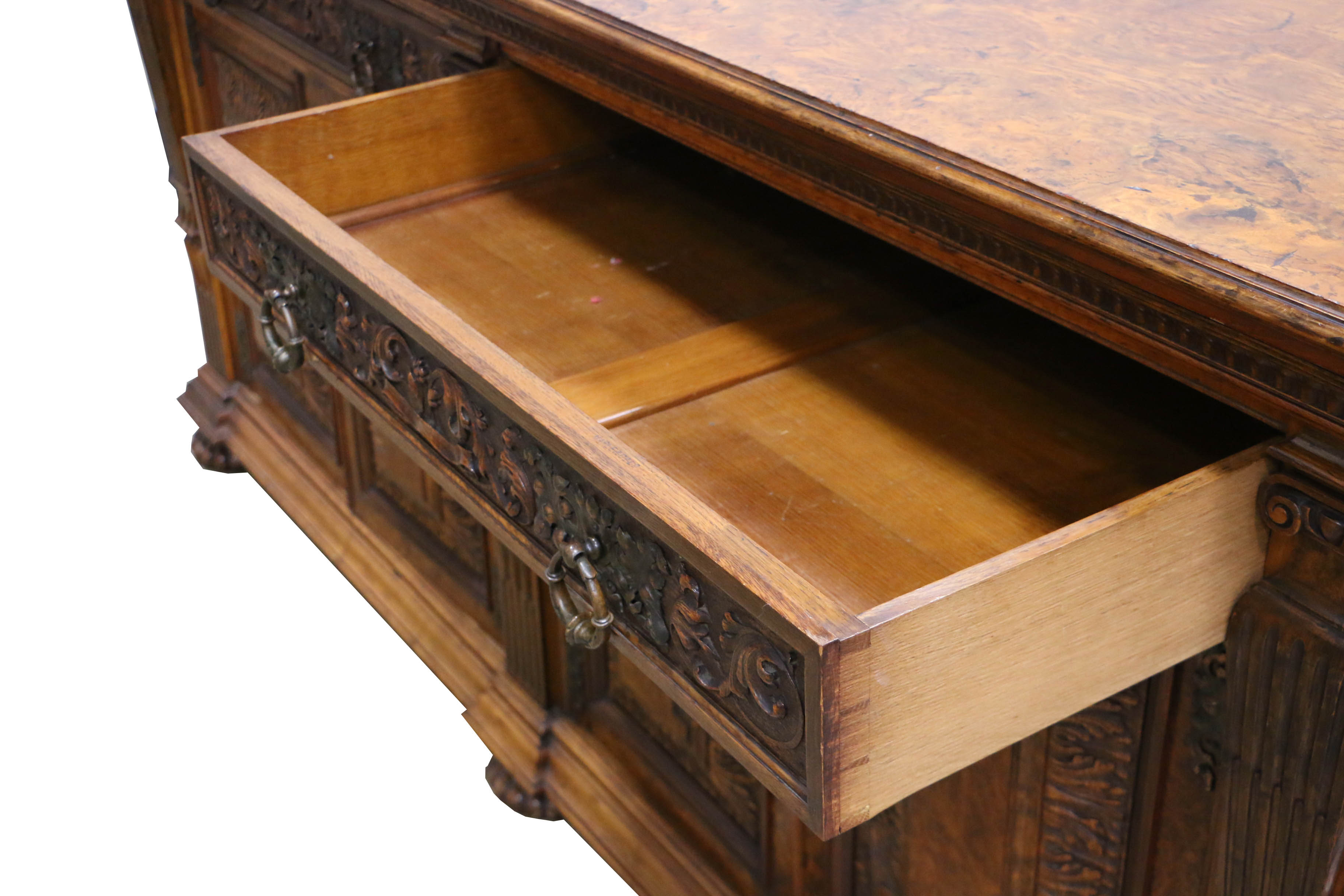 Antique Late Victorian Carved Oak and Circassian Walnut Sideboard by Maple & Co.