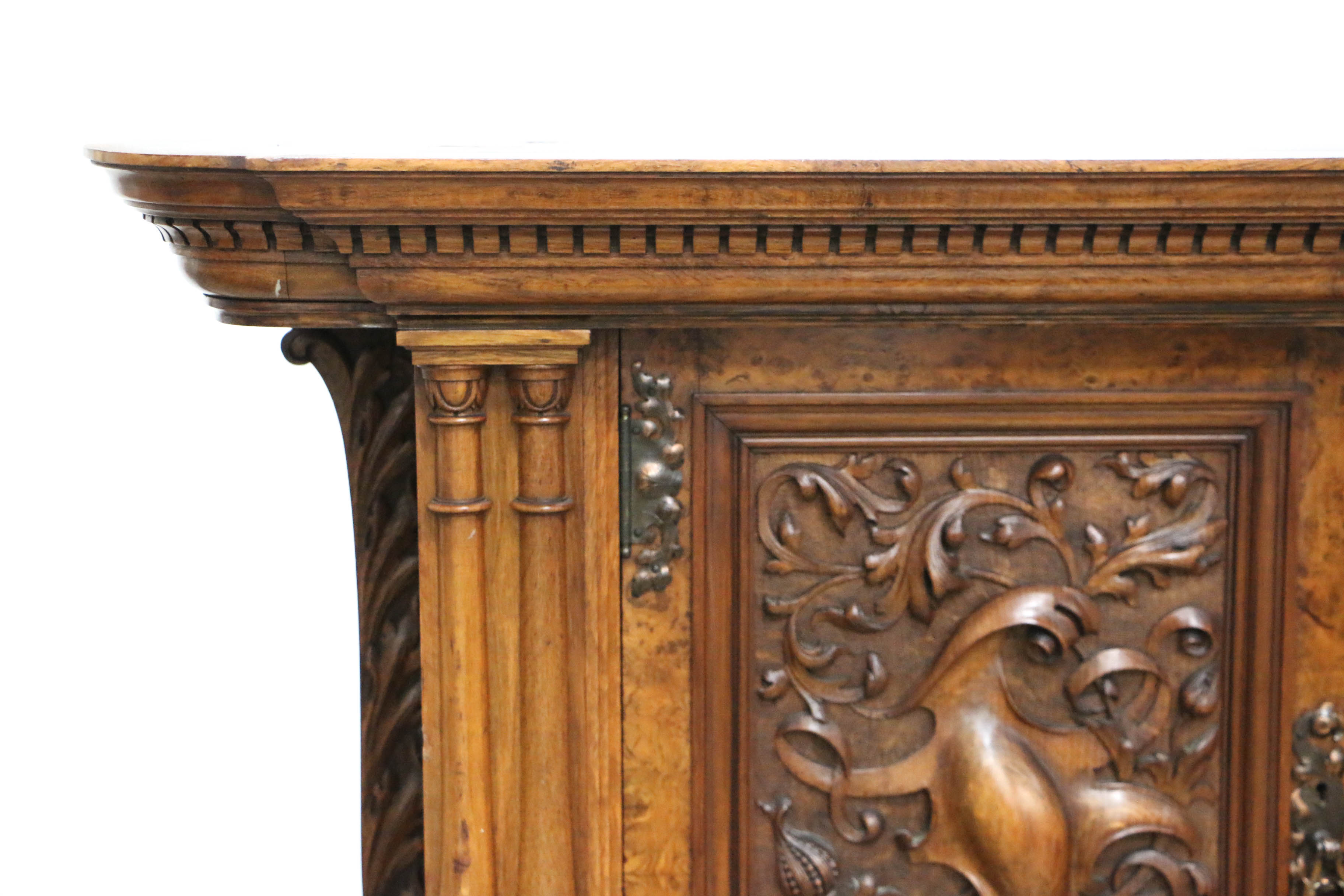 Antique Late Victorian Carved Oak and Circassian Walnut Sideboard by Maple & Co.