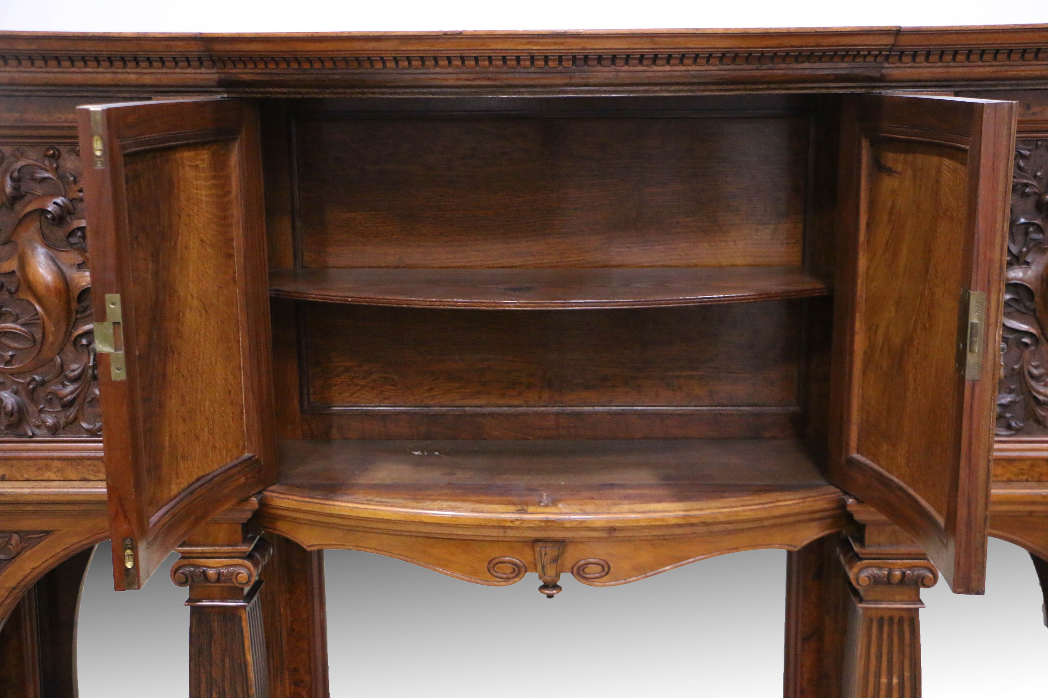 Antique Late Victorian Carved Oak and Circassian Walnut Sideboard by Maple & Co.