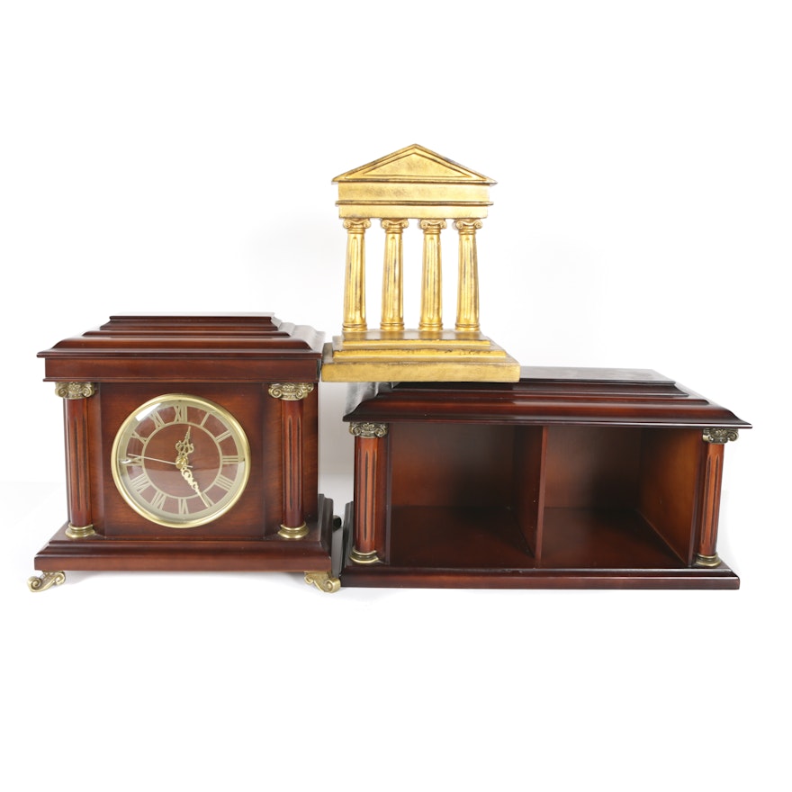 Wood Deco Style Pillar Clock with Arch and Wooden Shelf