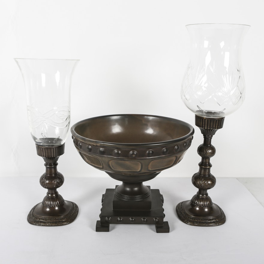 Candlestick Set with Hurricane Shades and Decorative Footed Bowl