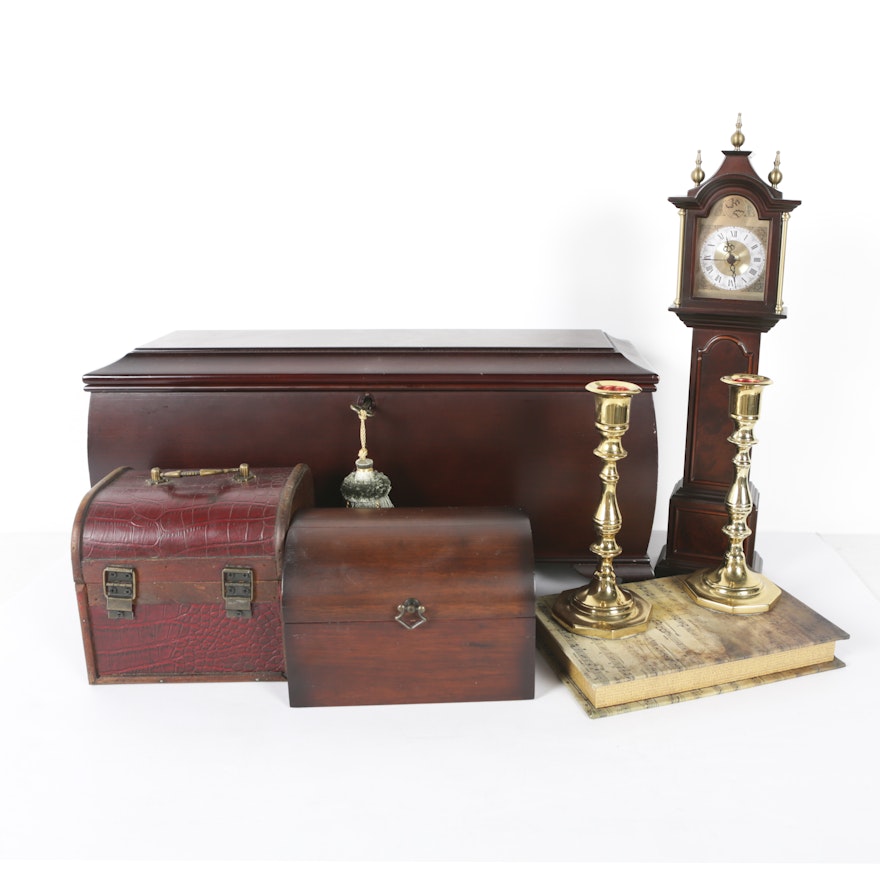Decorative Boxes, Candlesticks, Miniature Grandfather Clock and Other Decor