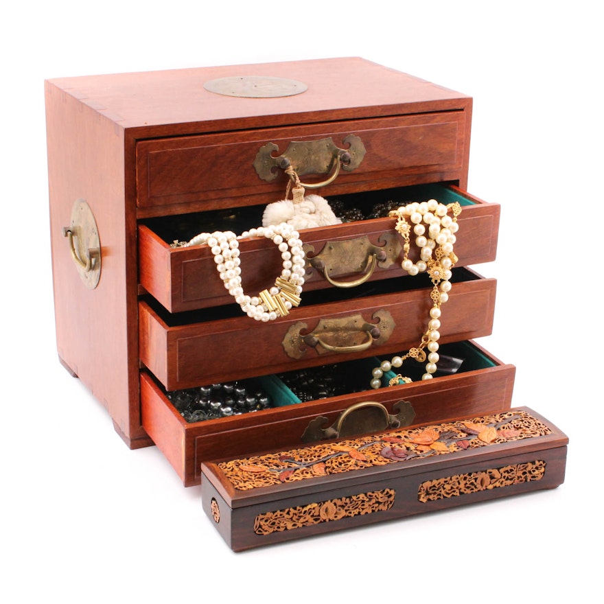 East Asian Wooden Jewelry Boxes and Costume Jewelry