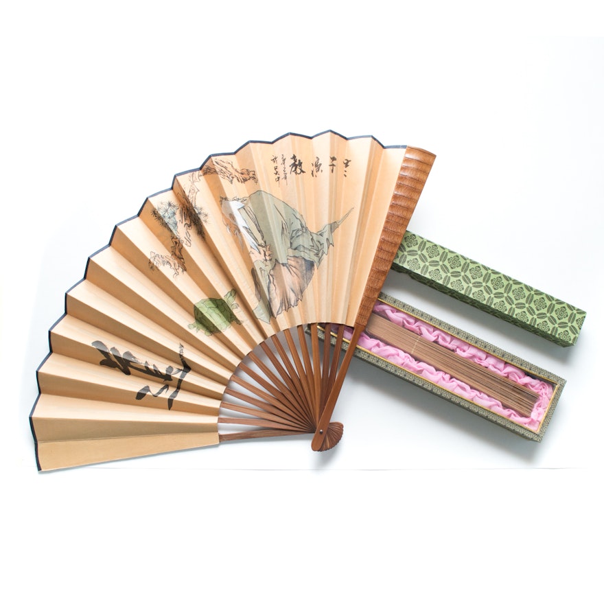 Pairing of a Hand Painted and a Sandalwood Fan