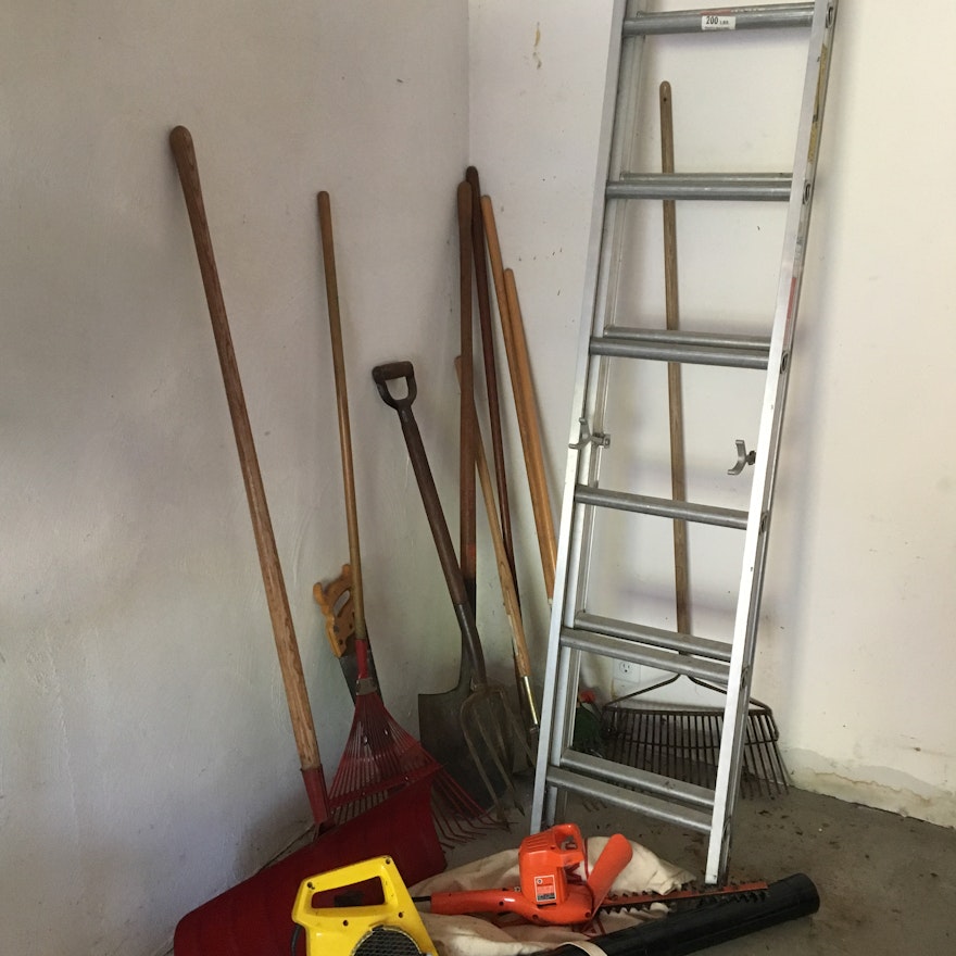 Assorted Landscaping Tools and Extension Ladder