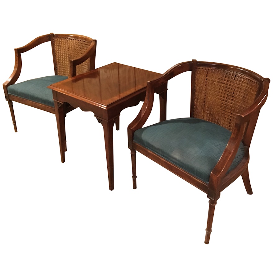 Pair of Vintage Cane Back Armchairs and End Table