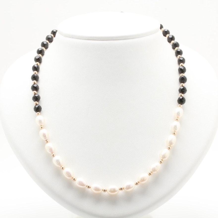 14K Yellow Gold Cultured Pearl and Black Onyx Necklace