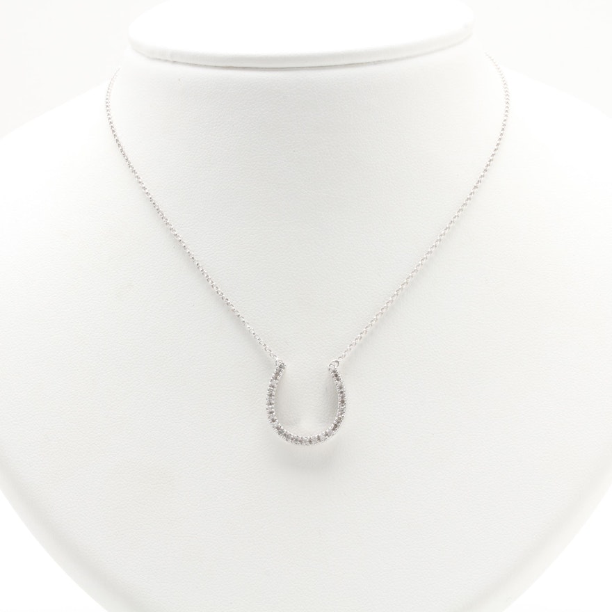 14K White Gold Diamond Horseshoe Pendant Necklace