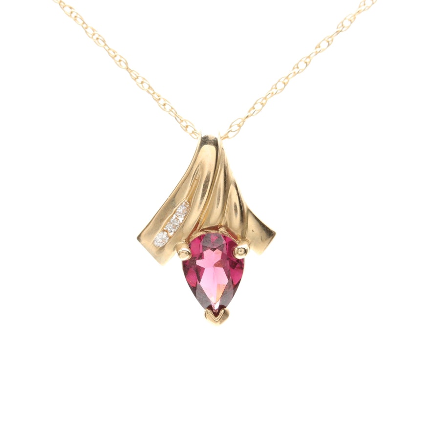 14K Yellow Gold Rhodolite Garnet and Diamond Pendant Necklace