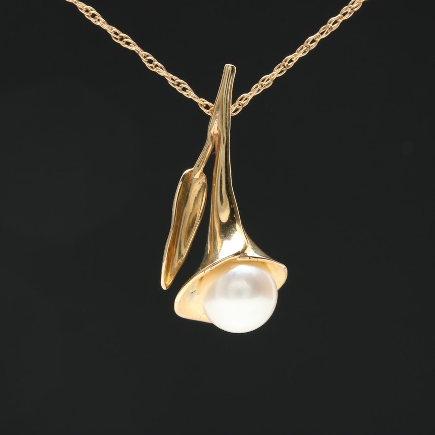 14K Yellow Gold Cultured Pearl Pendant Necklace