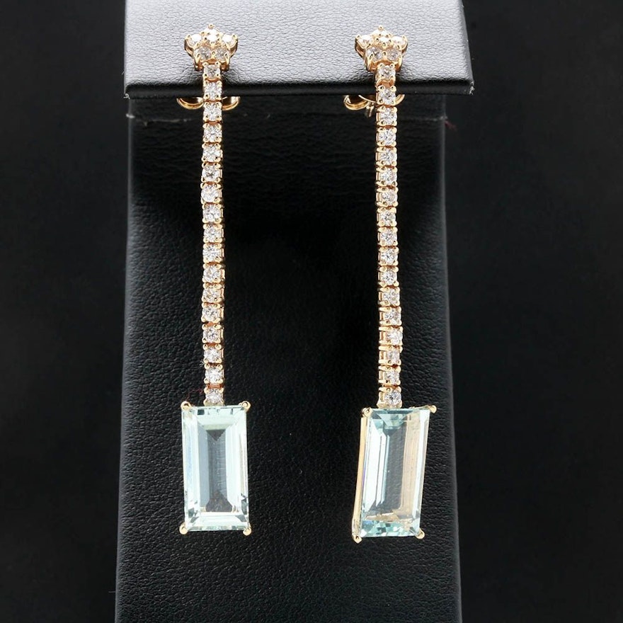 14K Yellow Gold 6.62 CT Aquamarine and 1.17 CTW Diamond Drop Earrings