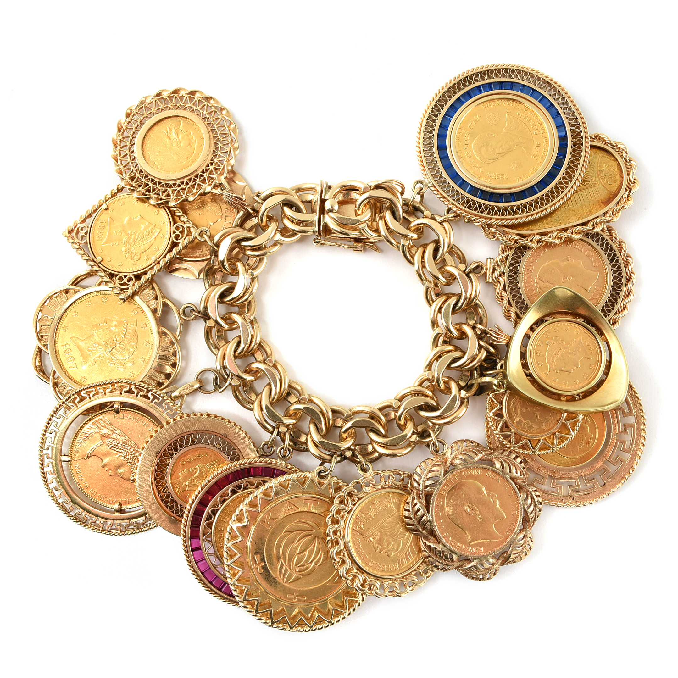 14K Yellow Gold Bracelet with Sixteen World Gold Coin Charms