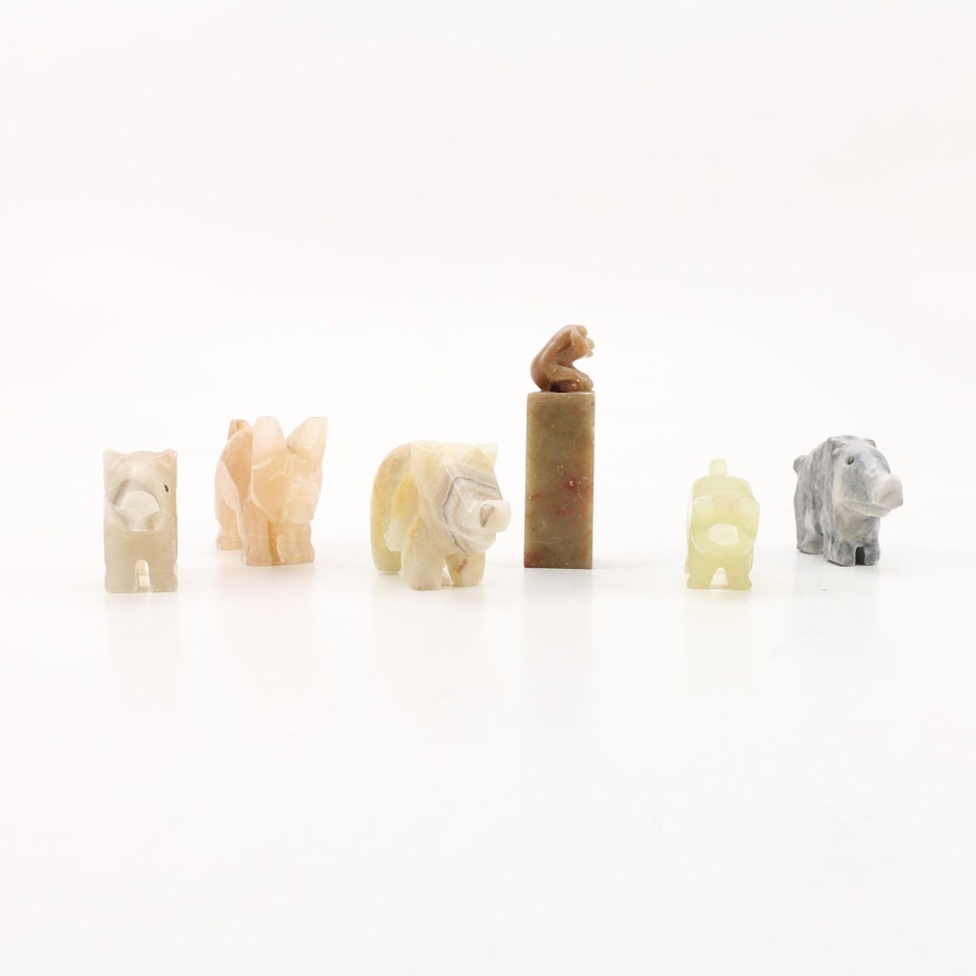 Stone Animal Figurines Including Soapstone, Calcite and Marble