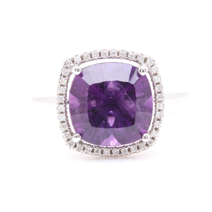 14K White Gold Amethyst and Diamond Ring