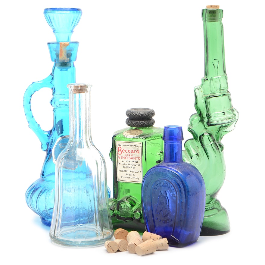 Collection of Vintage Blue and Green Glass Alcohol Bottles