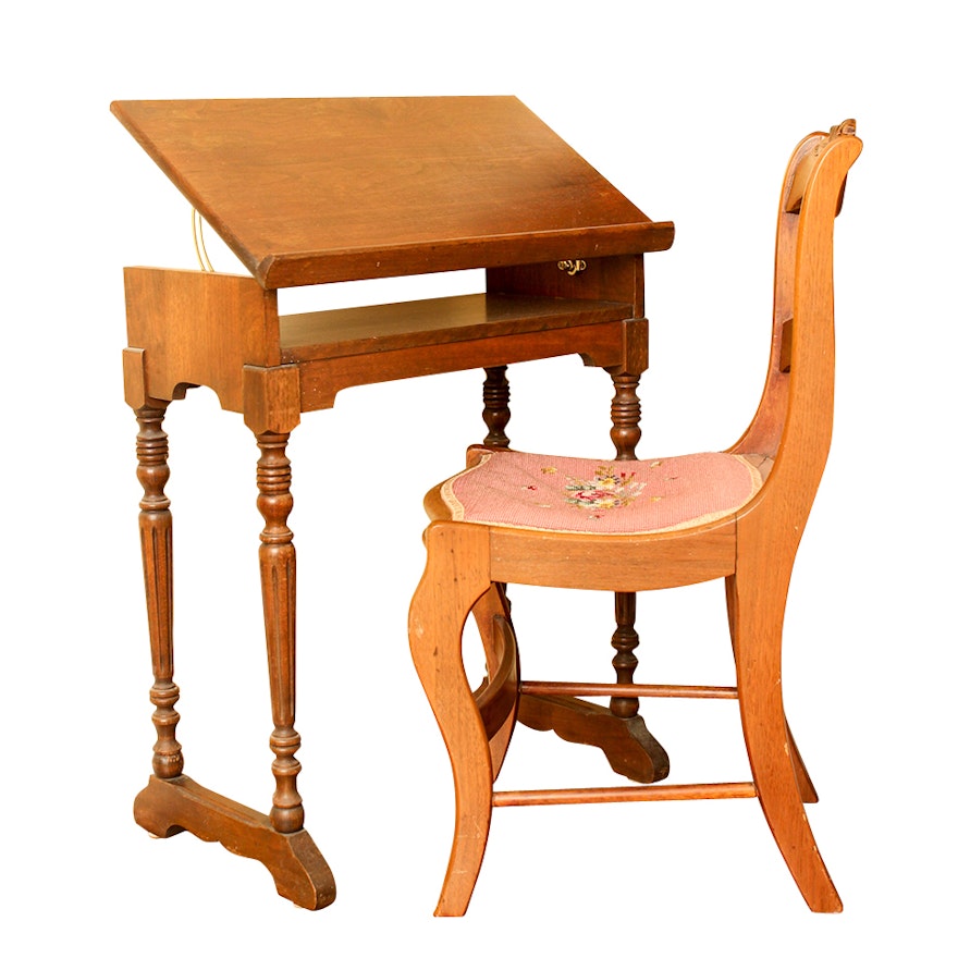 Vintage Needlepoint Chair and Library Table