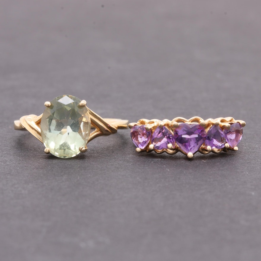 14K Yellow Gold Amethyst and 10K Yellow Gold Praseolite Ring Assortment