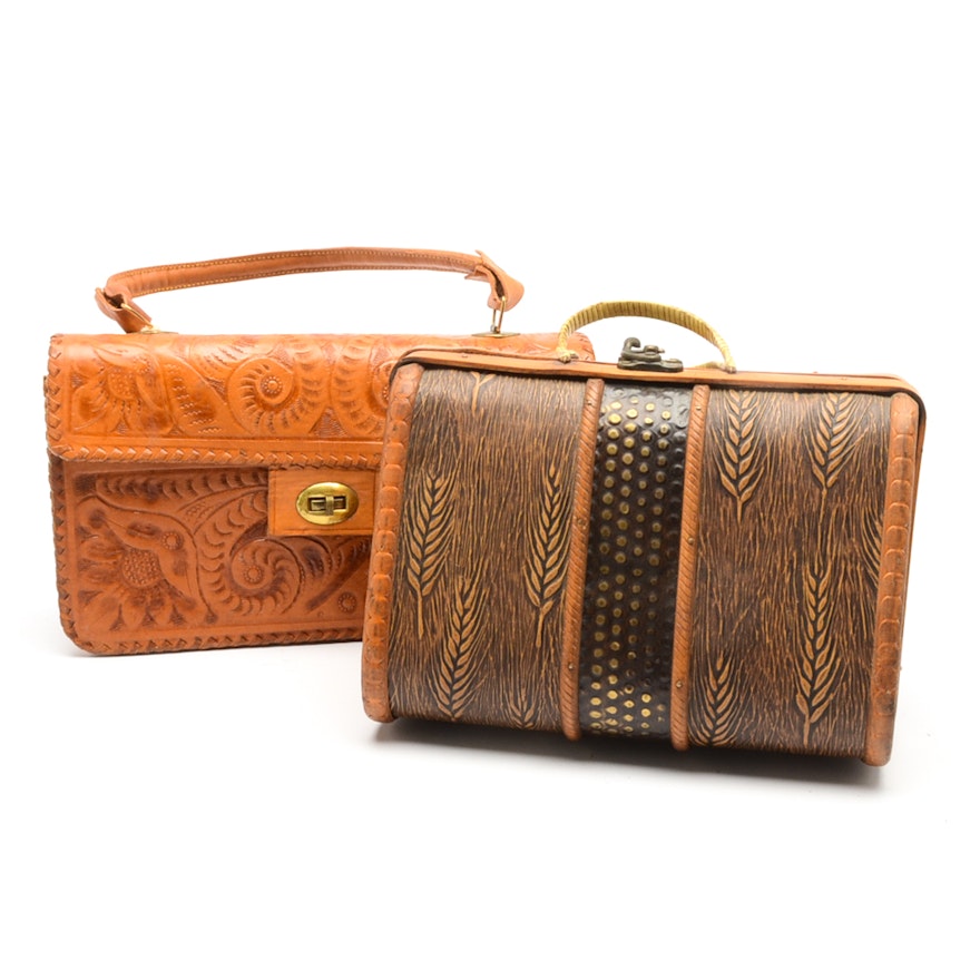 Vintage Hand Tooled Leather and Wooden Handbags