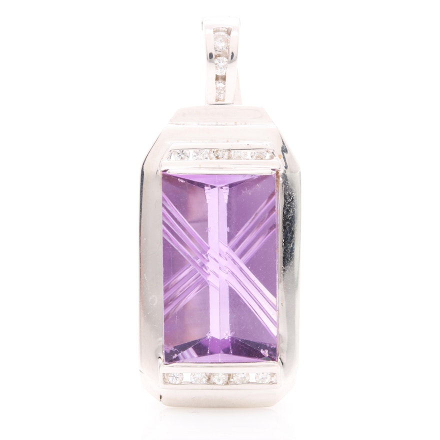 14K White Gold Amethyst and Diamond Enhancer Pendant