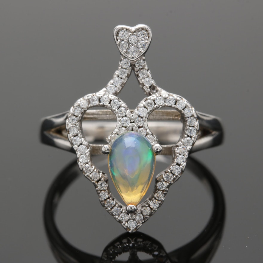 Sterling Silver Opal and Cubic Zirconia Ring