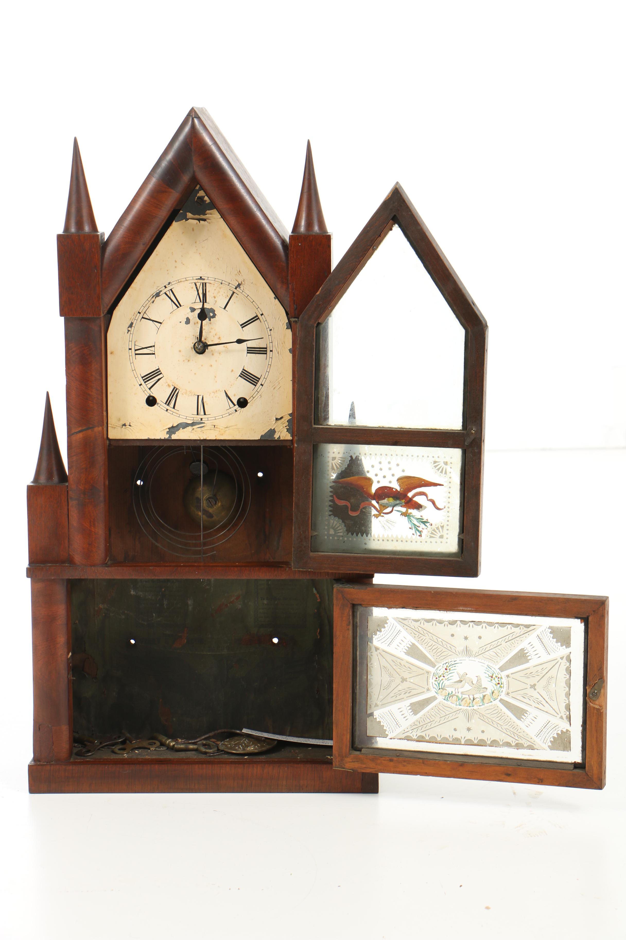 Antique Terry & Andrews Mahogany Steeple-on-Steeple Shelf Clock