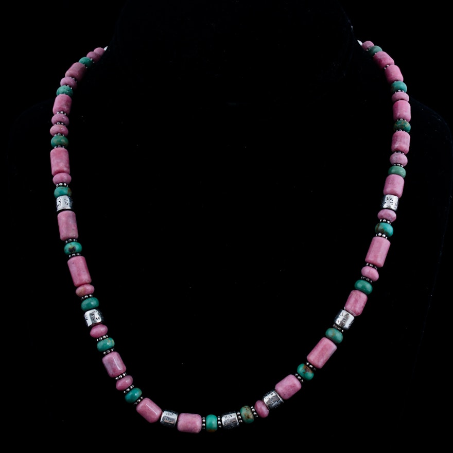 Sterling Silver Rhodochrosite and Turquoise Bead Necklace