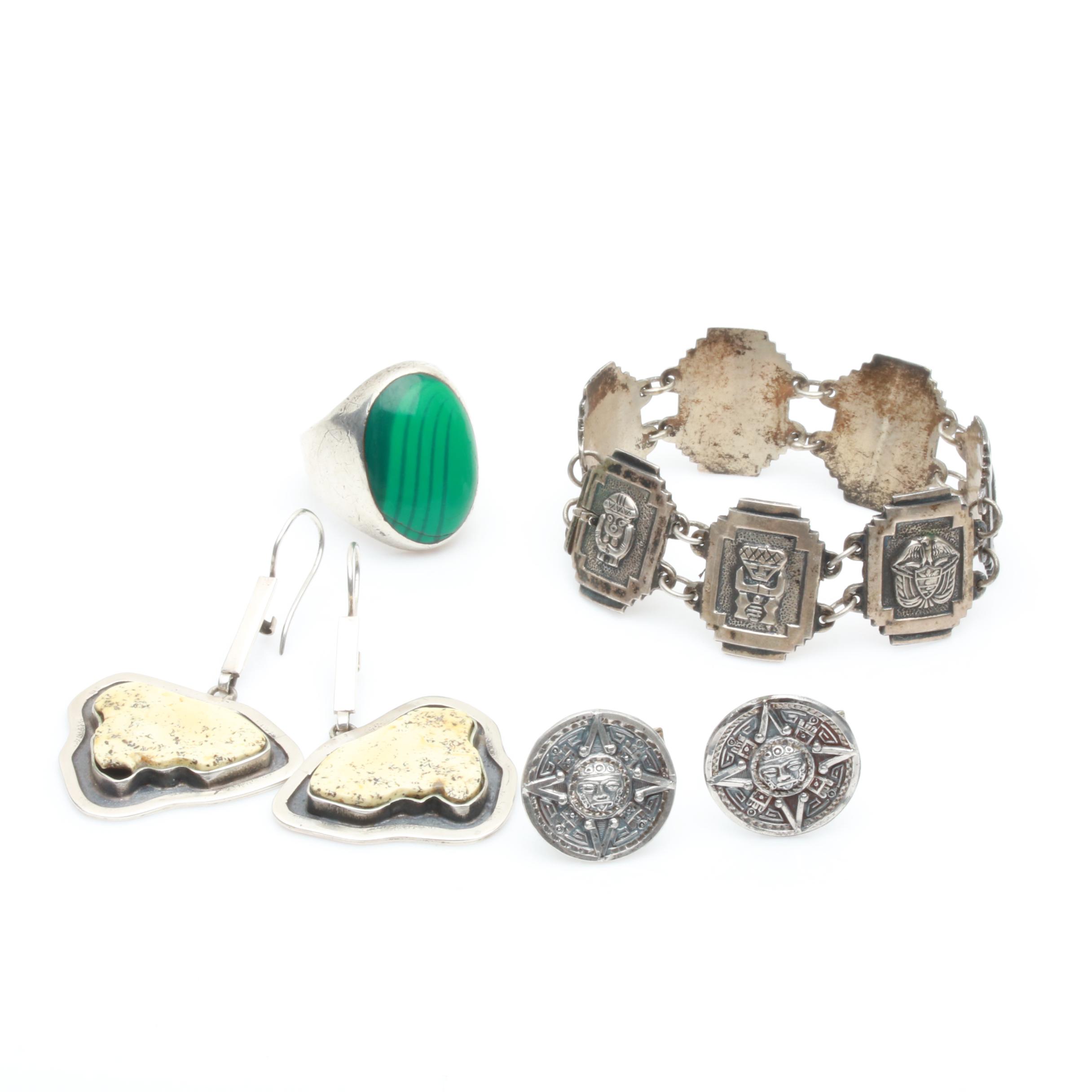 Sterling Jewelry with 900 Silver Panel Bracelet and Mesoamerican Themes