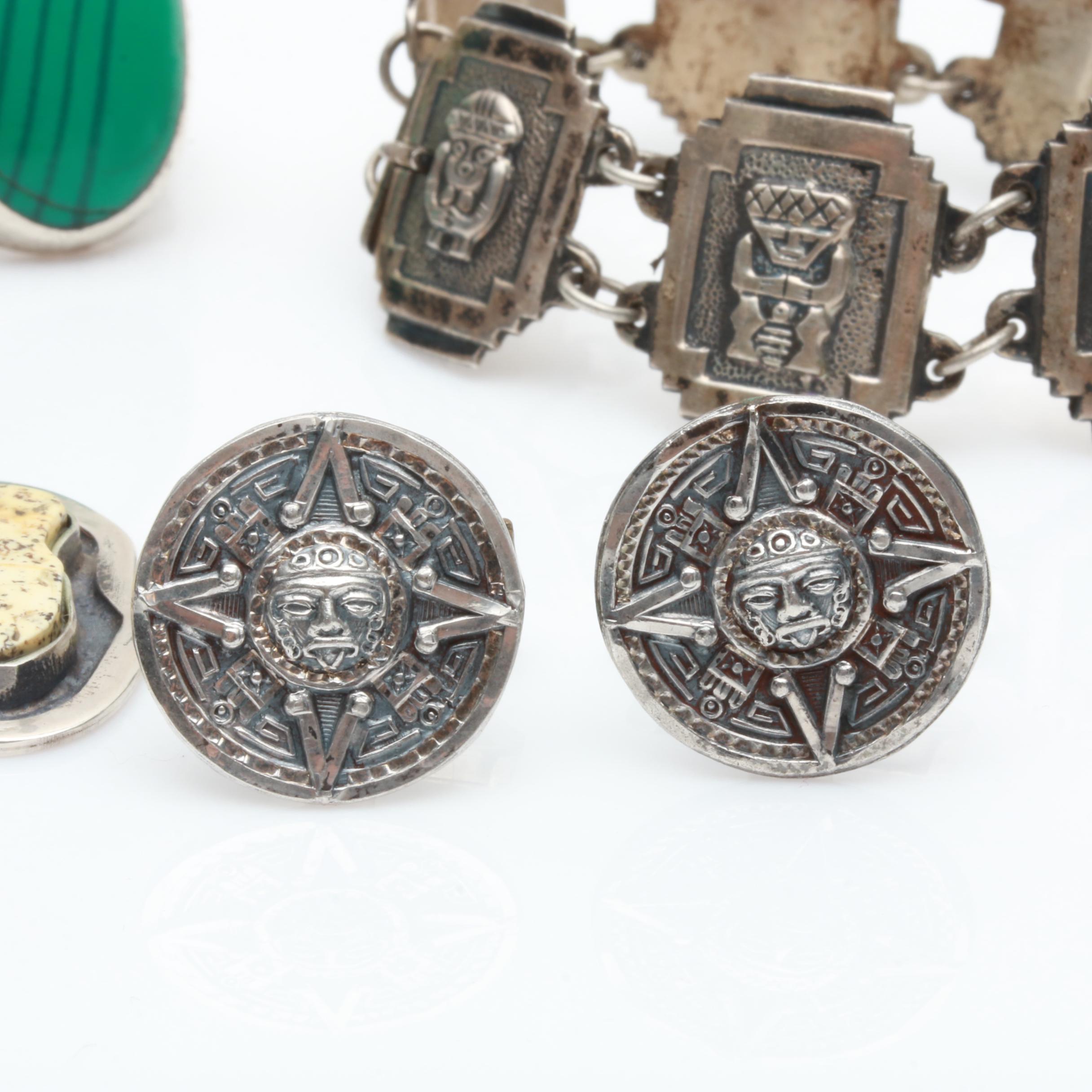 Sterling Jewelry with 900 Silver Panel Bracelet and Mesoamerican Themes