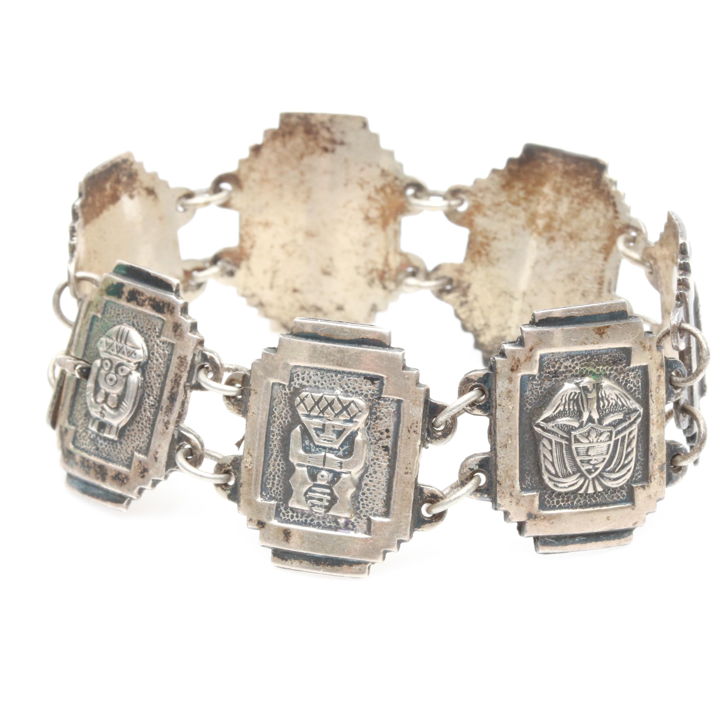 Sterling Jewelry with 900 Silver Panel Bracelet and Mesoamerican Themes
