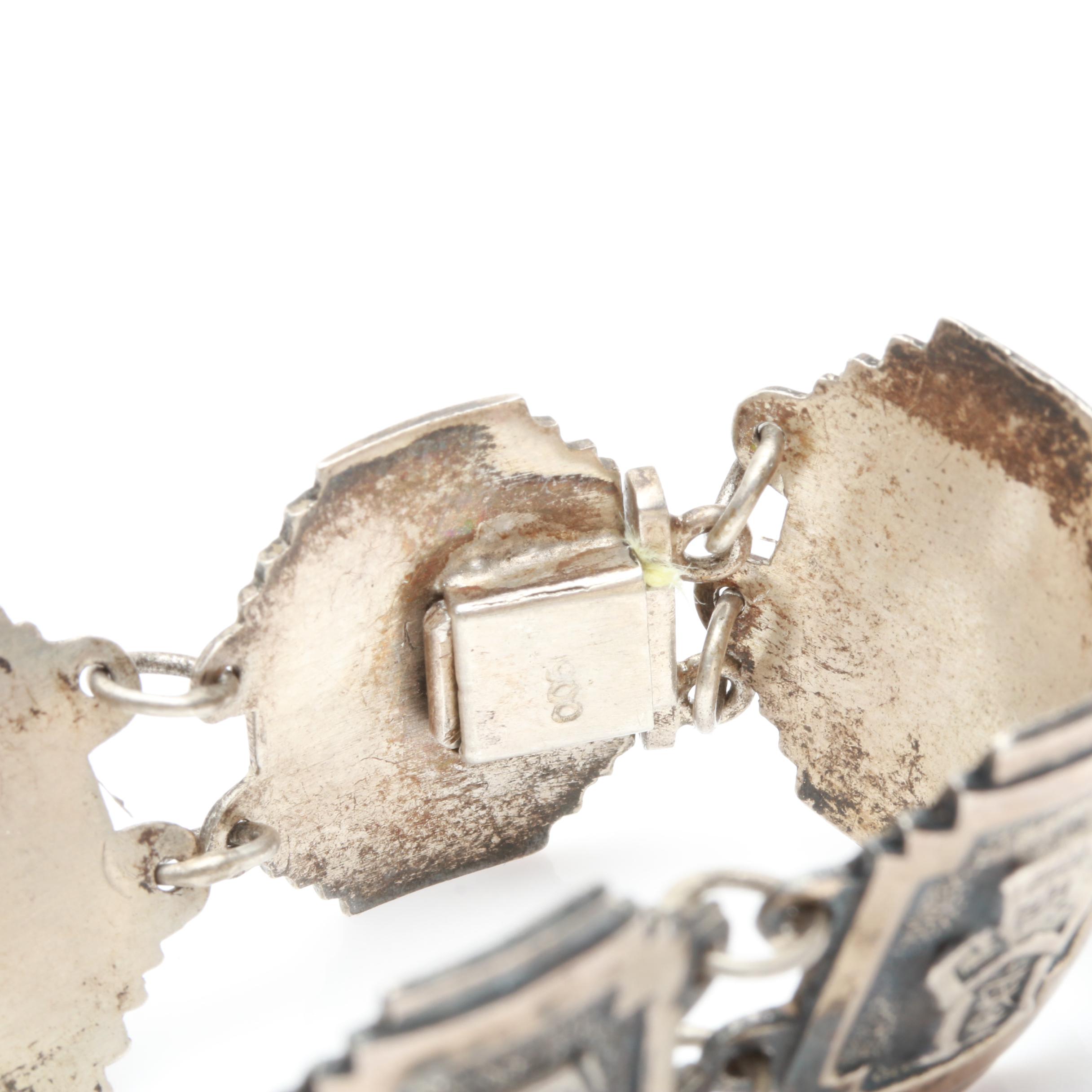 Sterling Jewelry with 900 Silver Panel Bracelet and Mesoamerican Themes
