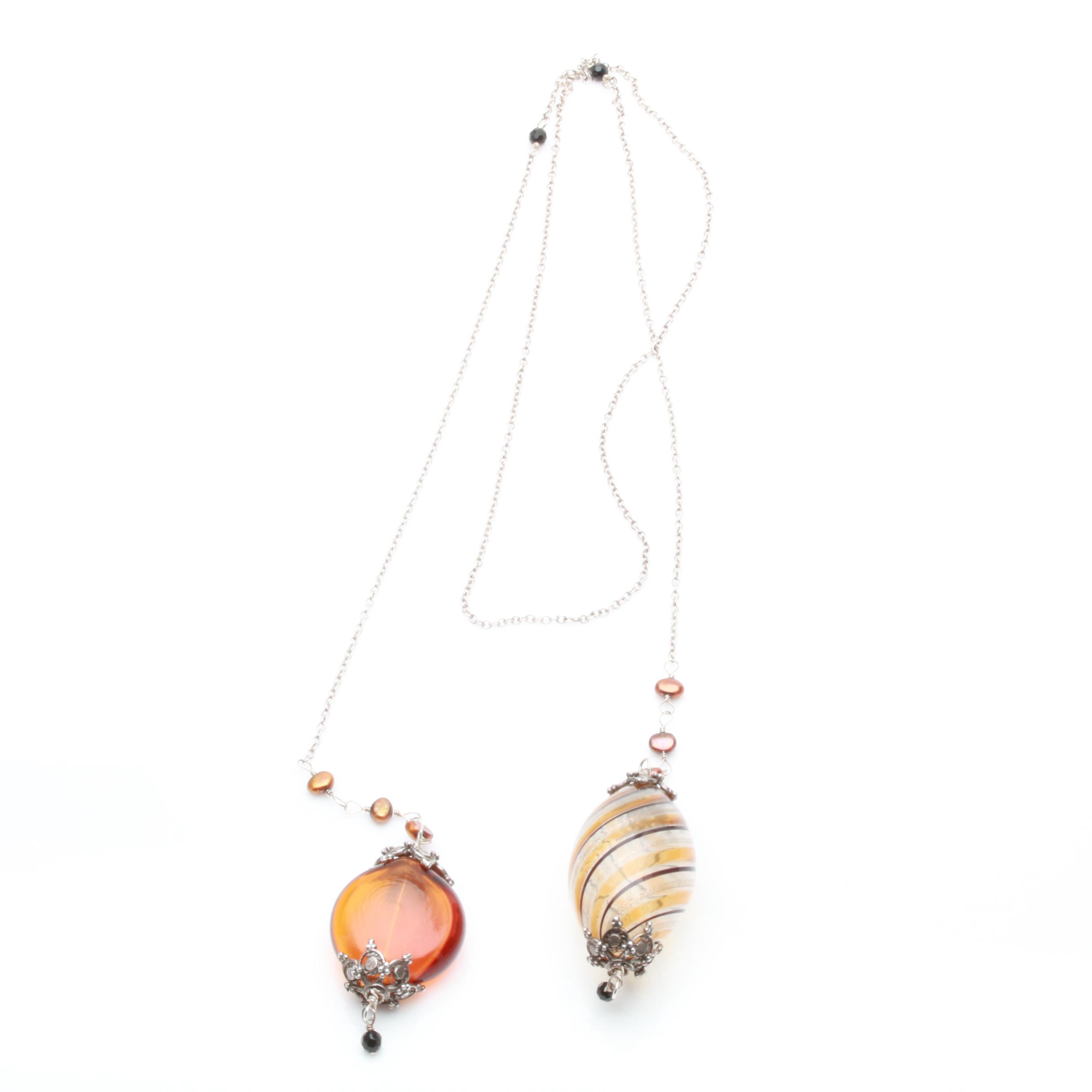 Silver Tone Venetian Glass and Cultured Pearl Sautoir Necklace