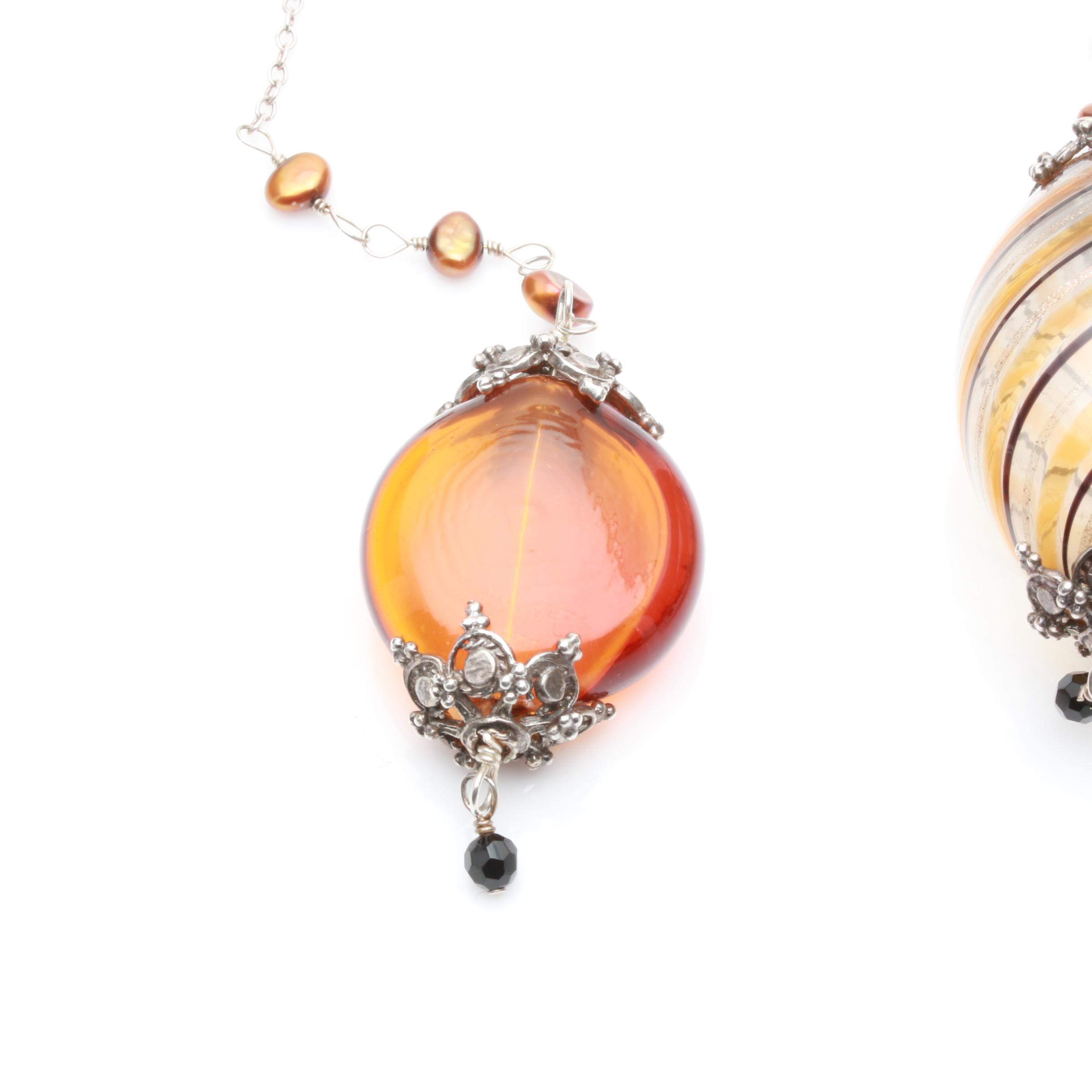 Silver Tone Venetian Glass and Cultured Pearl Sautoir Necklace