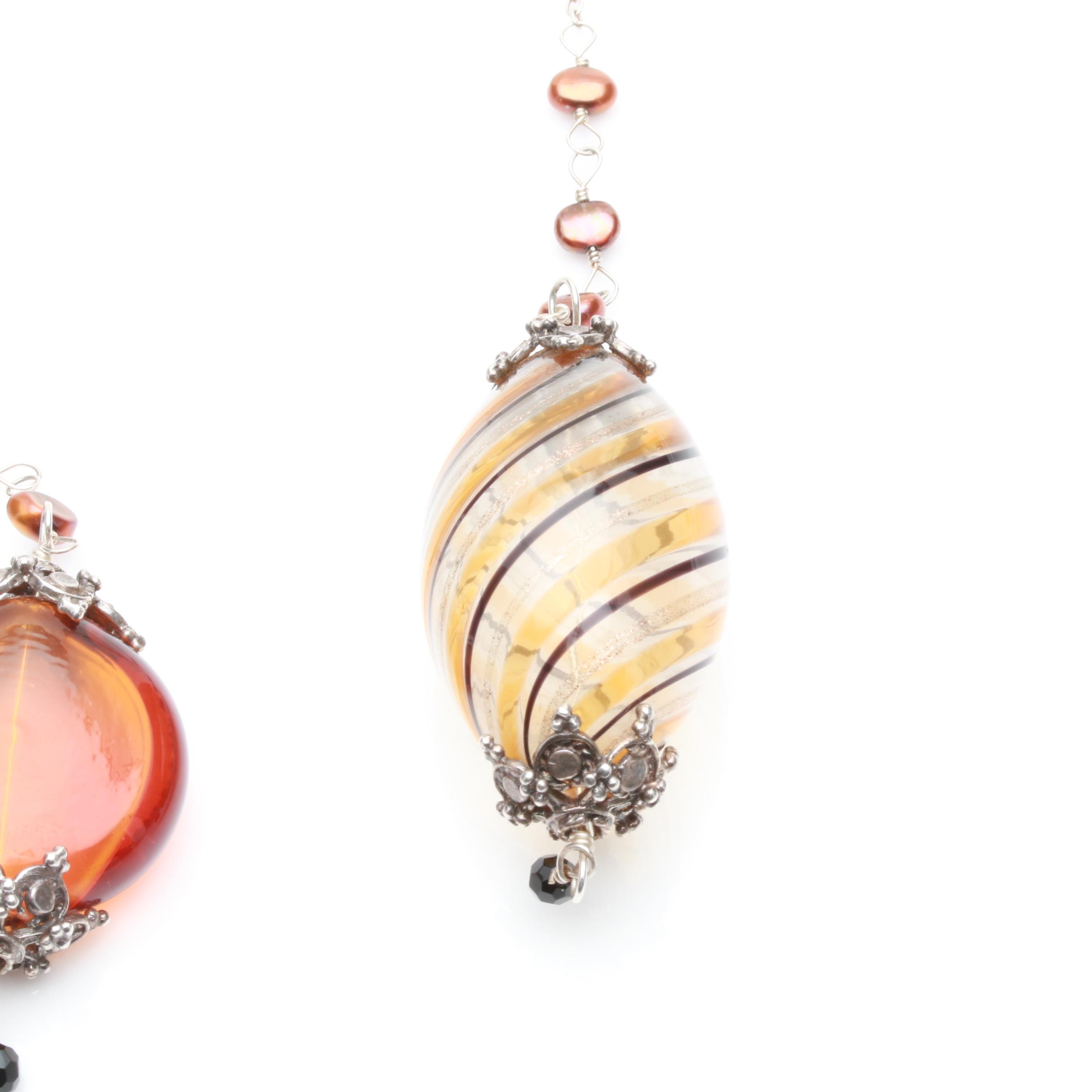 Silver Tone Venetian Glass and Cultured Pearl Sautoir Necklace