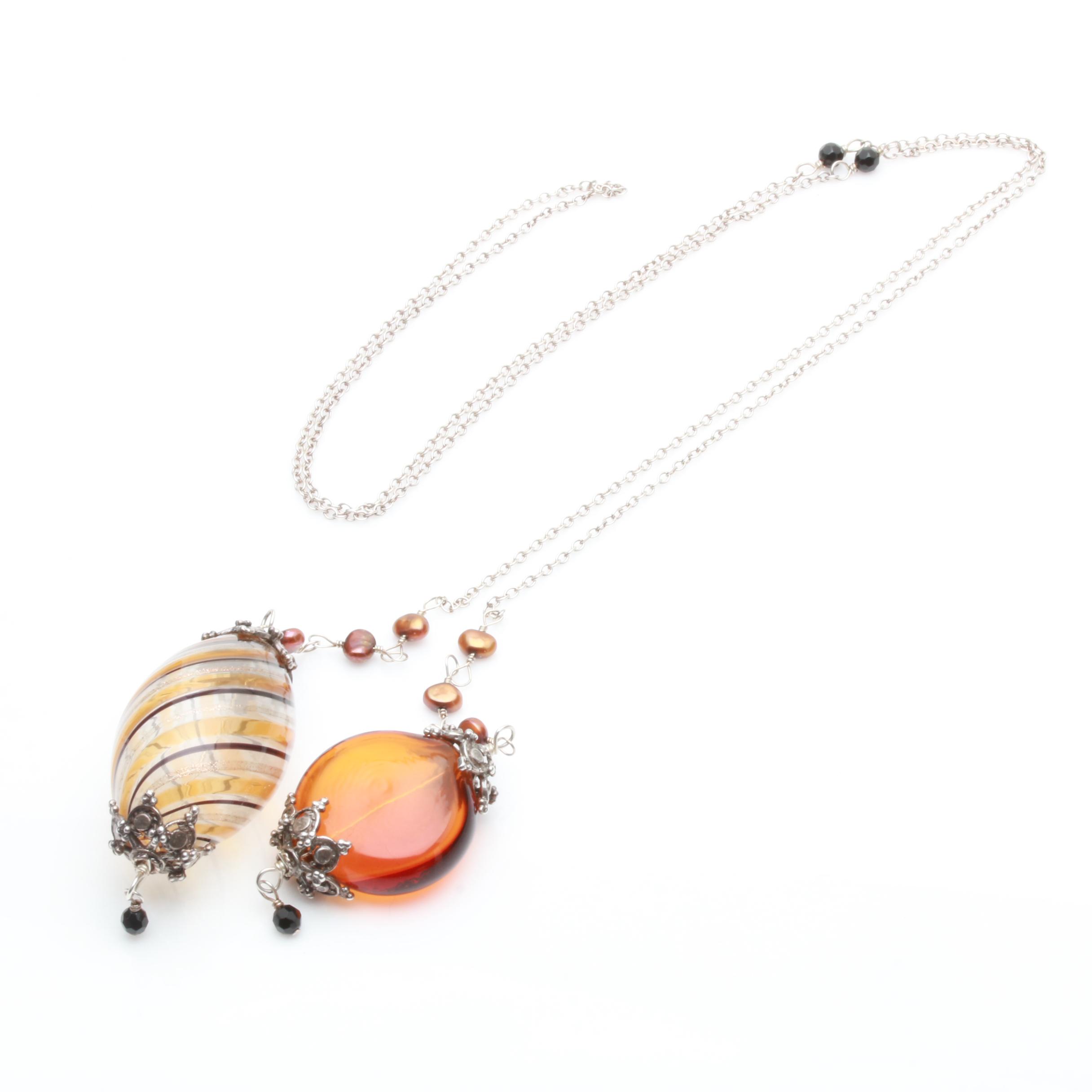 Silver Tone Venetian Glass and Cultured Pearl Sautoir Necklace