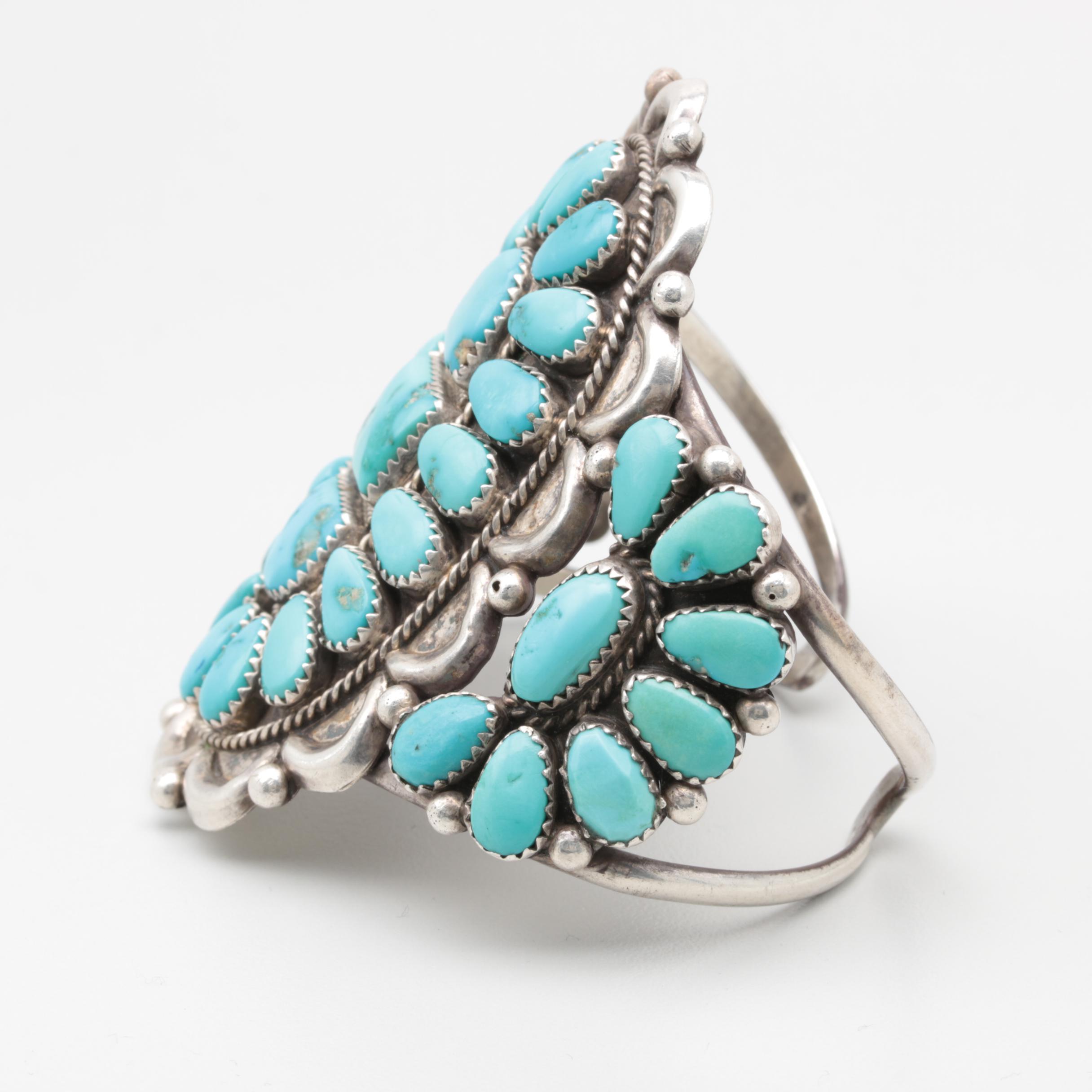 Justin and Esther Wilson Navajo Diné Sterling Silver Turquoise Cluster Cuff