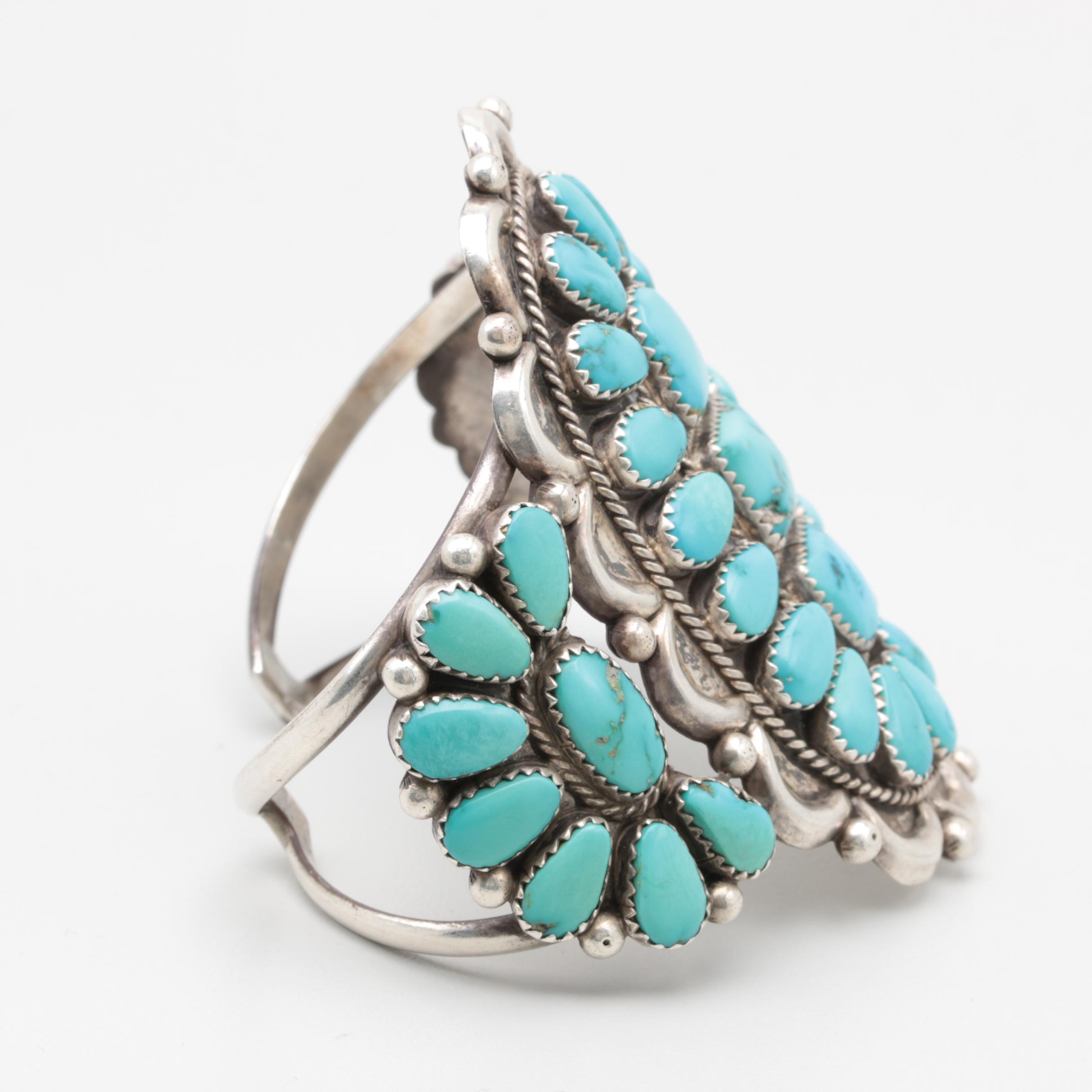 Justin and Esther Wilson Navajo Diné Sterling Silver Turquoise Cluster Cuff