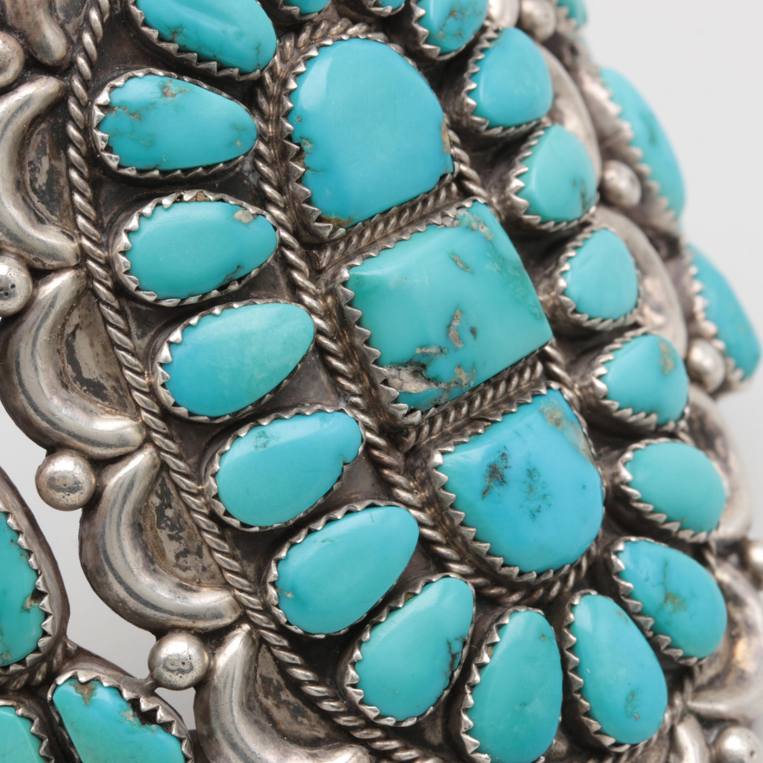 Justin and Esther Wilson Navajo Diné Sterling Silver Turquoise Cluster Cuff