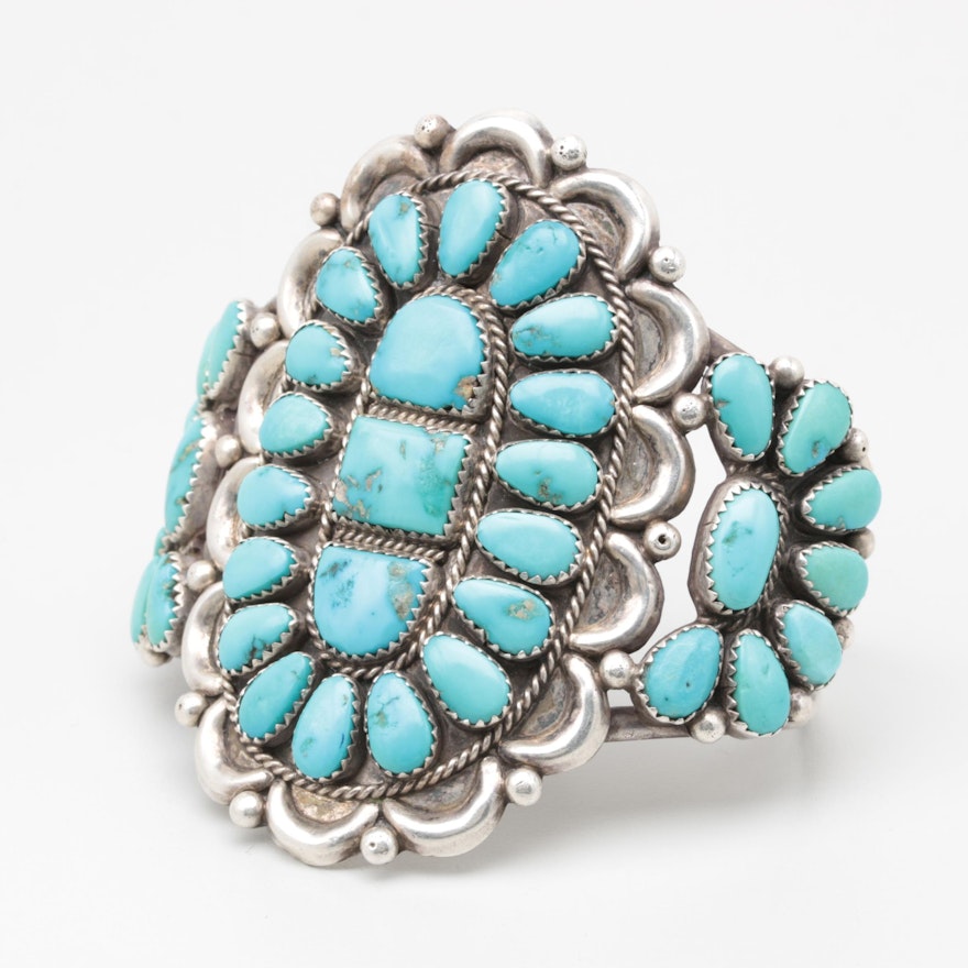 Justin and Esther Wilson Navajo Diné Sterling Silver Turquoise Cluster Cuff