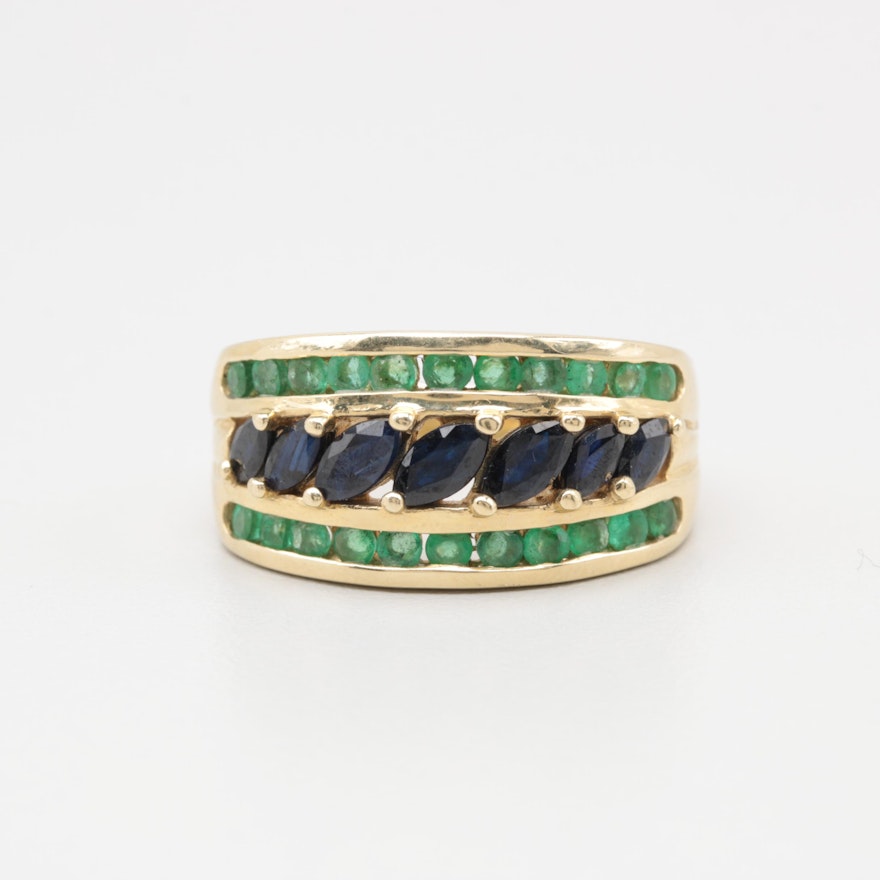 14K Yellow Gold Blue Sapphire and Emerald Ring