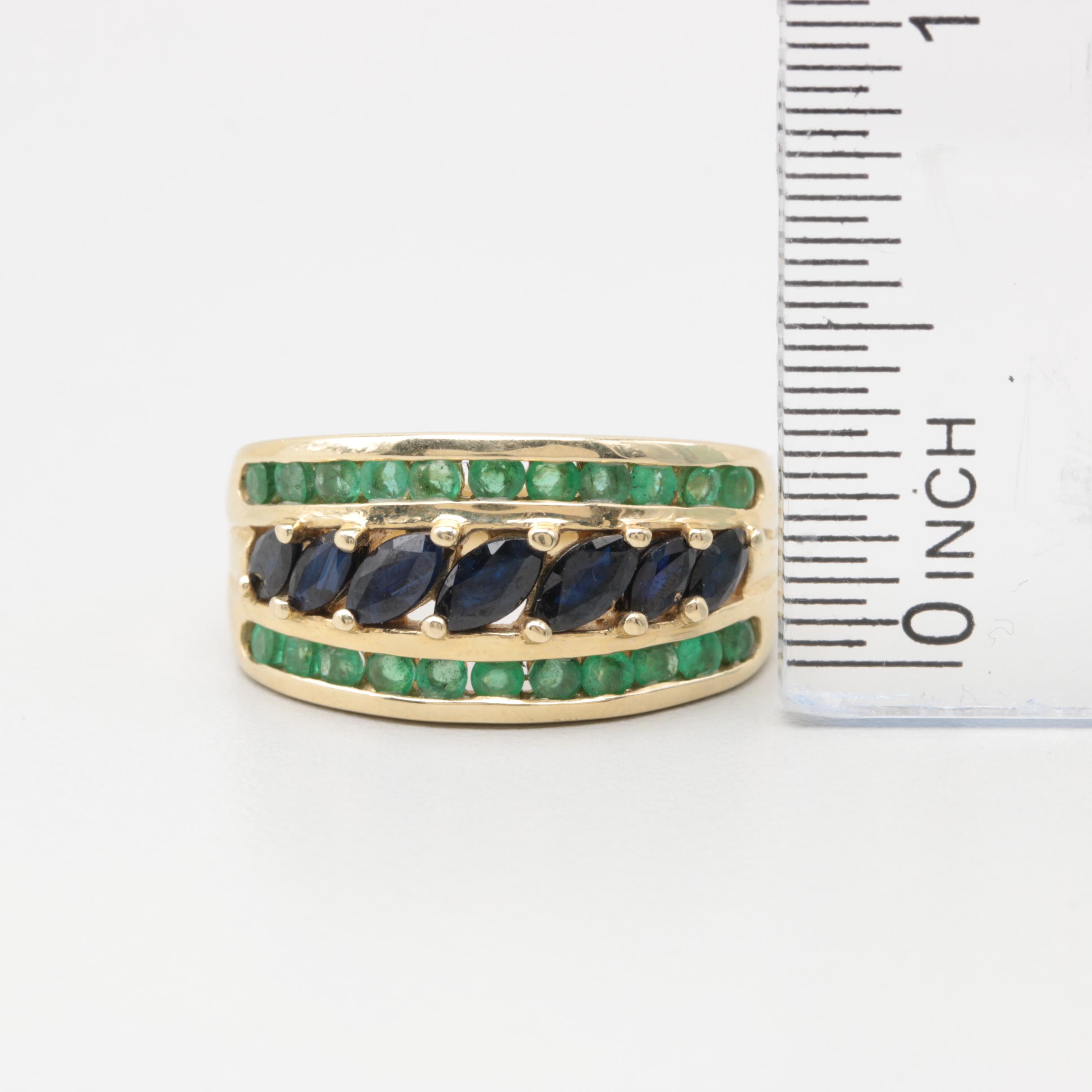 14K Yellow Gold Blue Sapphire and Emerald Ring