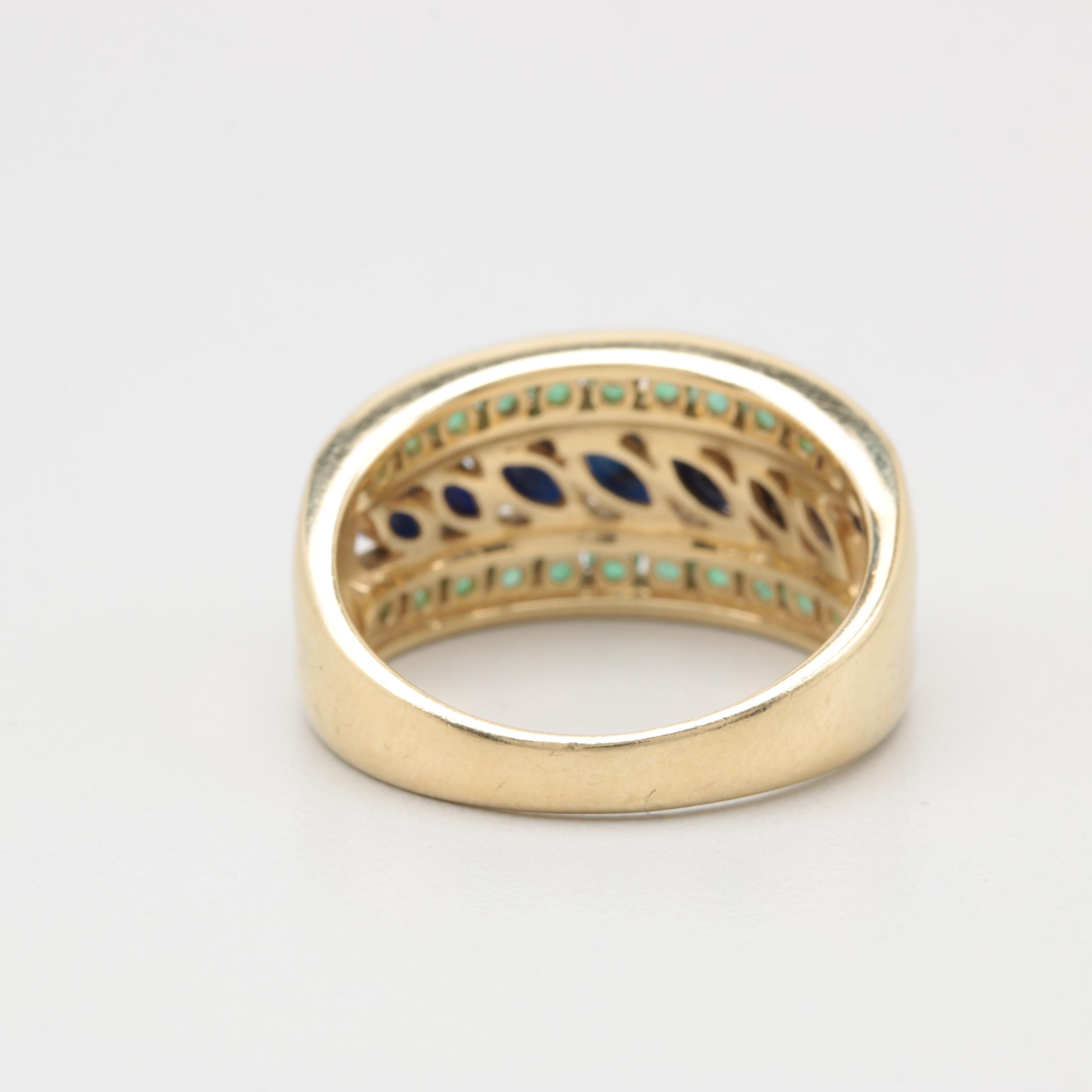14K Yellow Gold Blue Sapphire and Emerald Ring