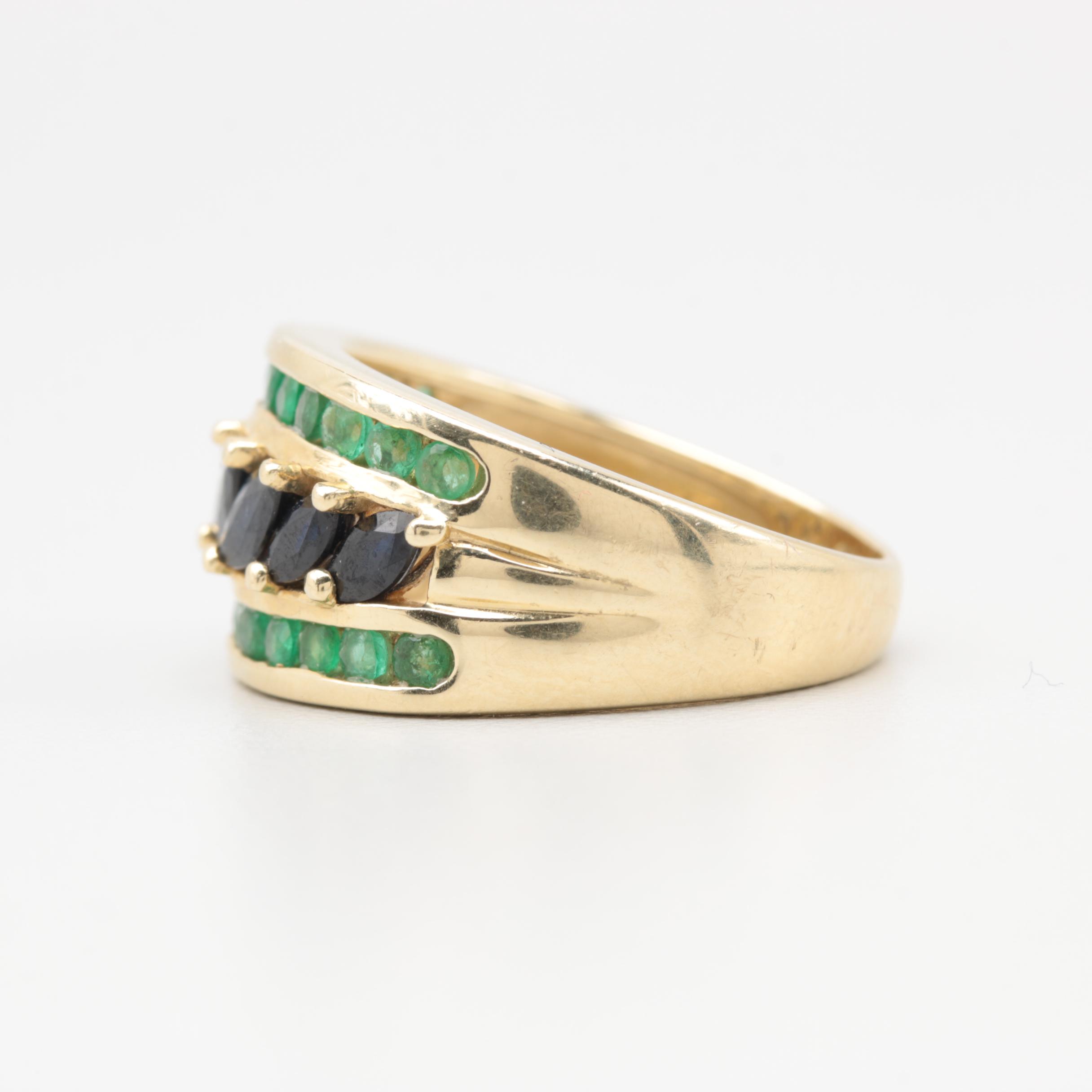 14K Yellow Gold Blue Sapphire and Emerald Ring