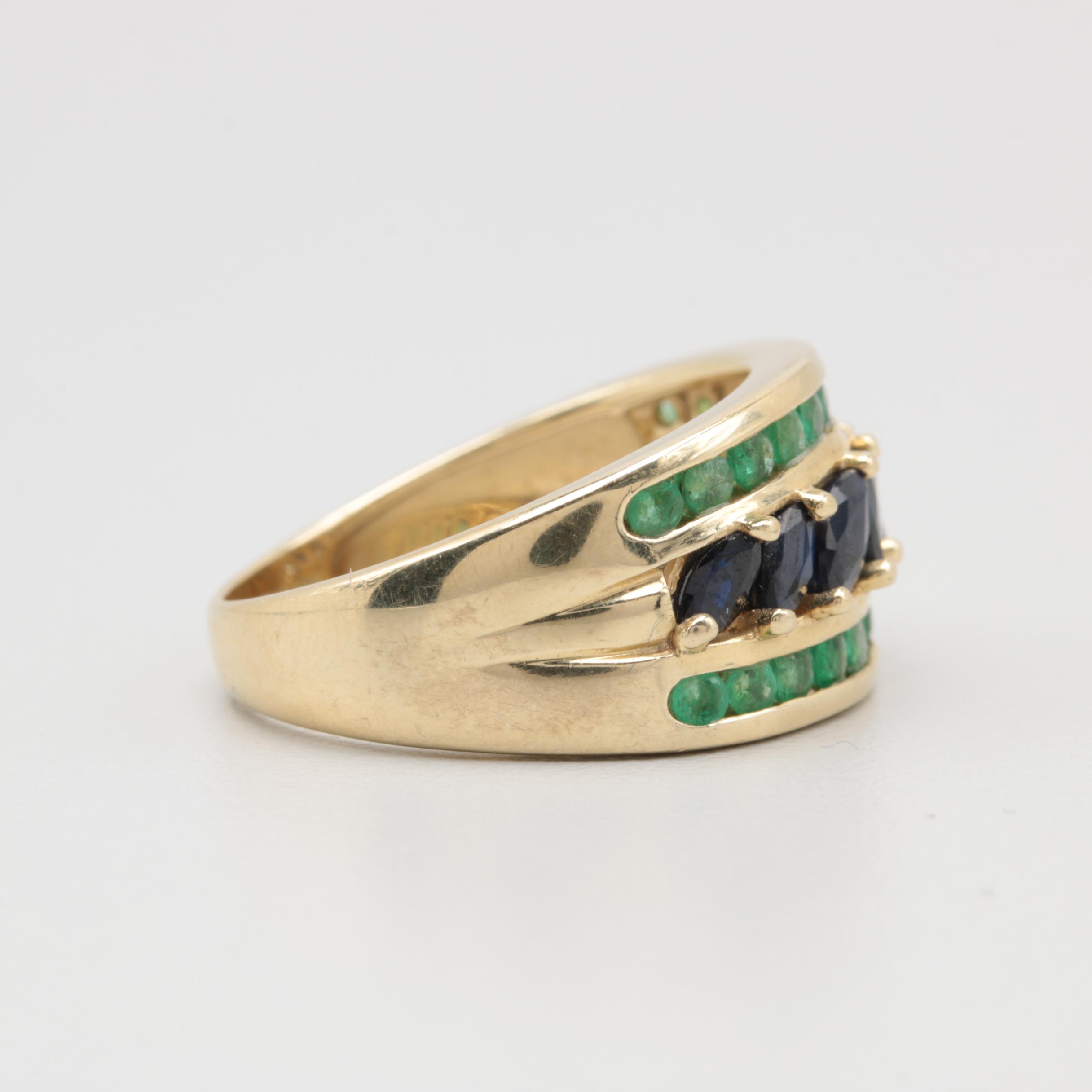 14K Yellow Gold Blue Sapphire and Emerald Ring