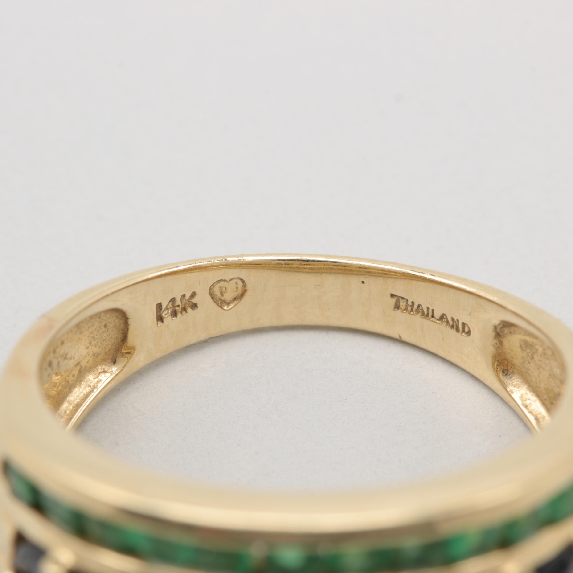 14K Yellow Gold Blue Sapphire and Emerald Ring